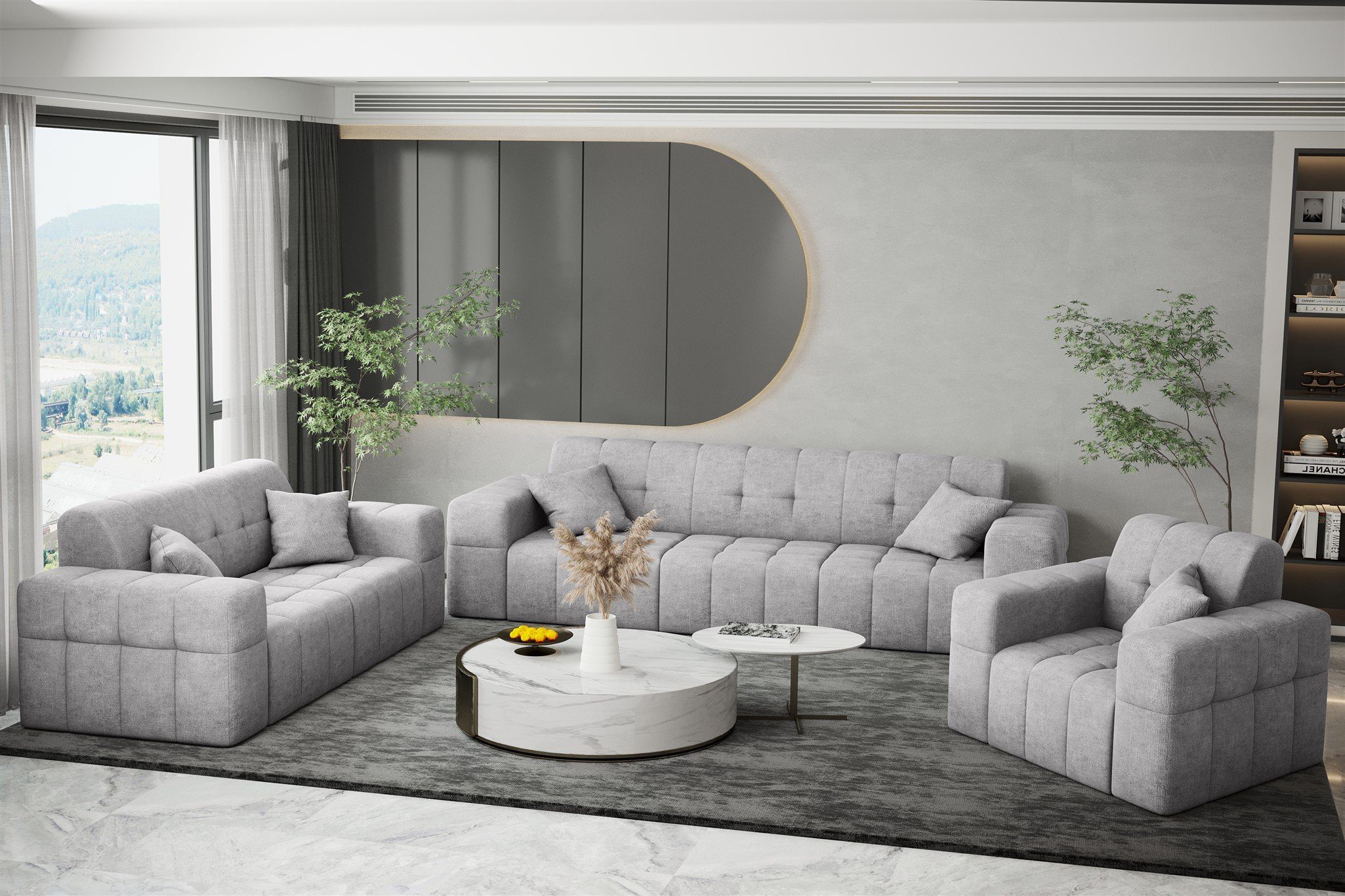 Möbel Harmony, Sofa 3-Sitzer NANCY Designer-Sofa Rundumbezug in Hellgrau Stoff Fun Sofa
