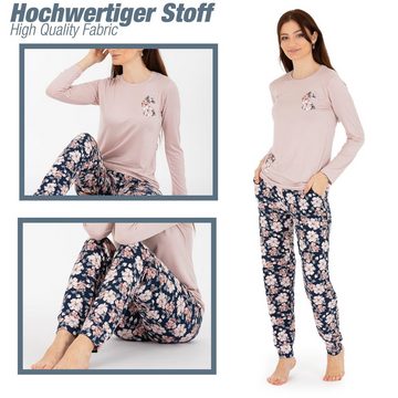 LOREZA Schlafanzug Schlafanzug Pyjama langarm- Blumen - Bunt (Set, 2 tlg)