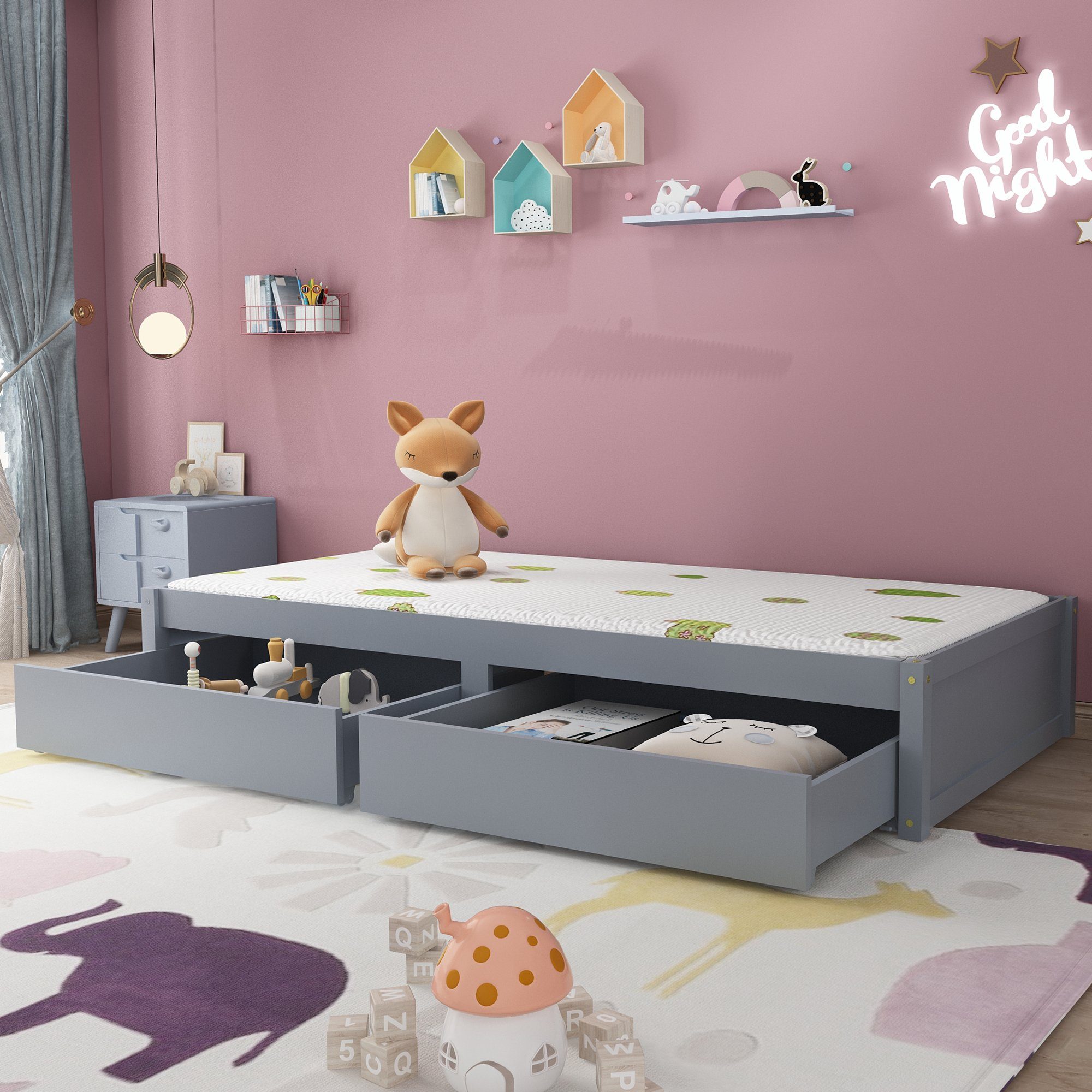 SOFTWEARY Einzelbett Kinderbett mit 2 Schubladen und Lattenrost (90x200 cm), Holzbett aus Kiefer, Jugendbett grau