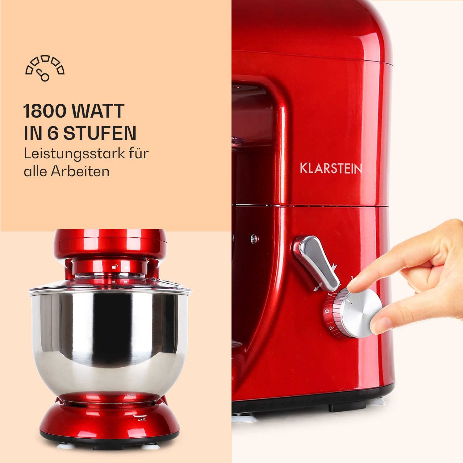 Klarstein Küchenmaschine Bella Küchenmaschine 1800W 2,7 PS 5L Edelstahl 6 Stufen Planeten, 1800 W, 5.2 l Schüssel, Knetmaschine Teigmaschine Teigknetmaschine Rü – Bild 3 von 5