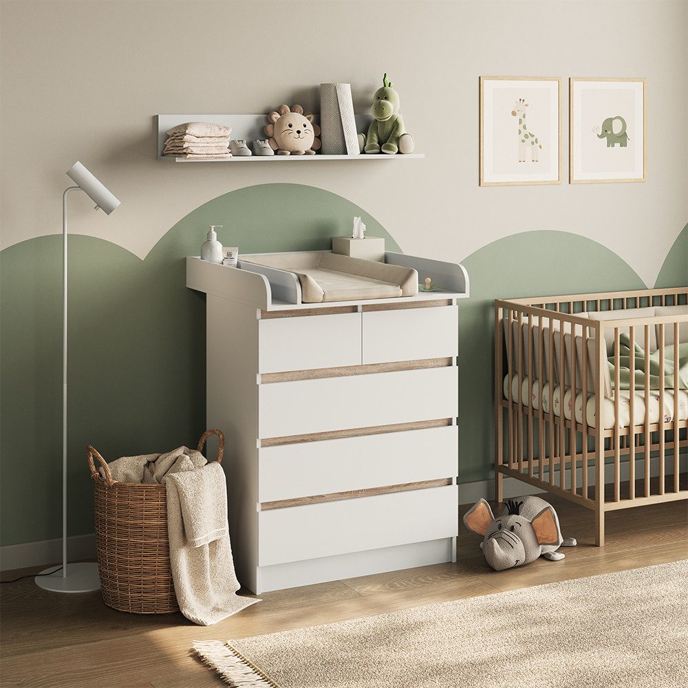 Vicco Wickelkommode Emma, Weiß/Sonoma/Sonoma, 80 x 110.2 cm mit 5 Schubladen