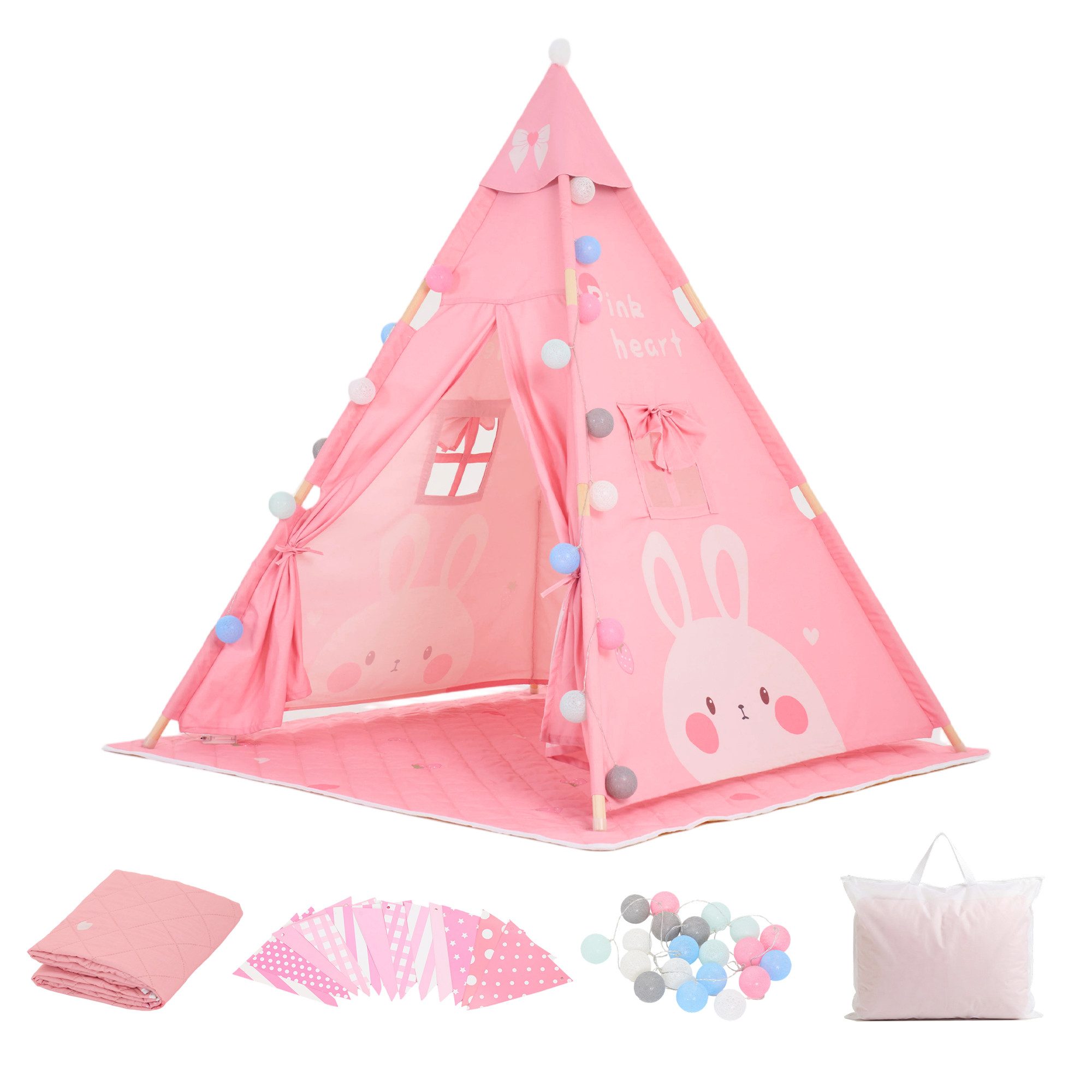 SEHAUSEU Spielzelt Tipi-Zelt Kinderzelt Spielhaus mit Bodenmatte,Lichterkette,Wimpelkette