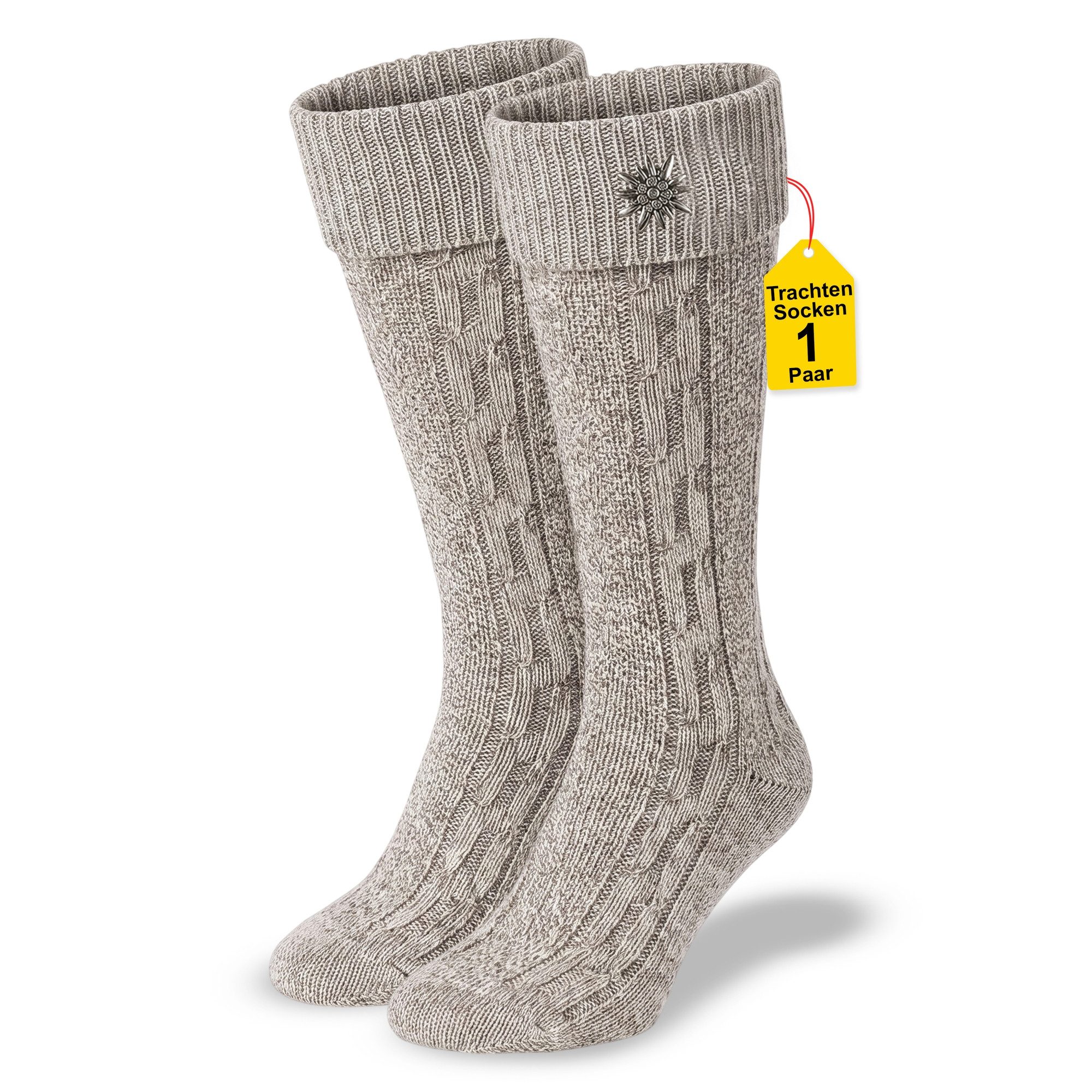 German Wear Trachtensocken GW200 Edelweiß Trachtensocken Trachtenstrümpfe Zopfmuster mit Edelweiß Pin 40cm