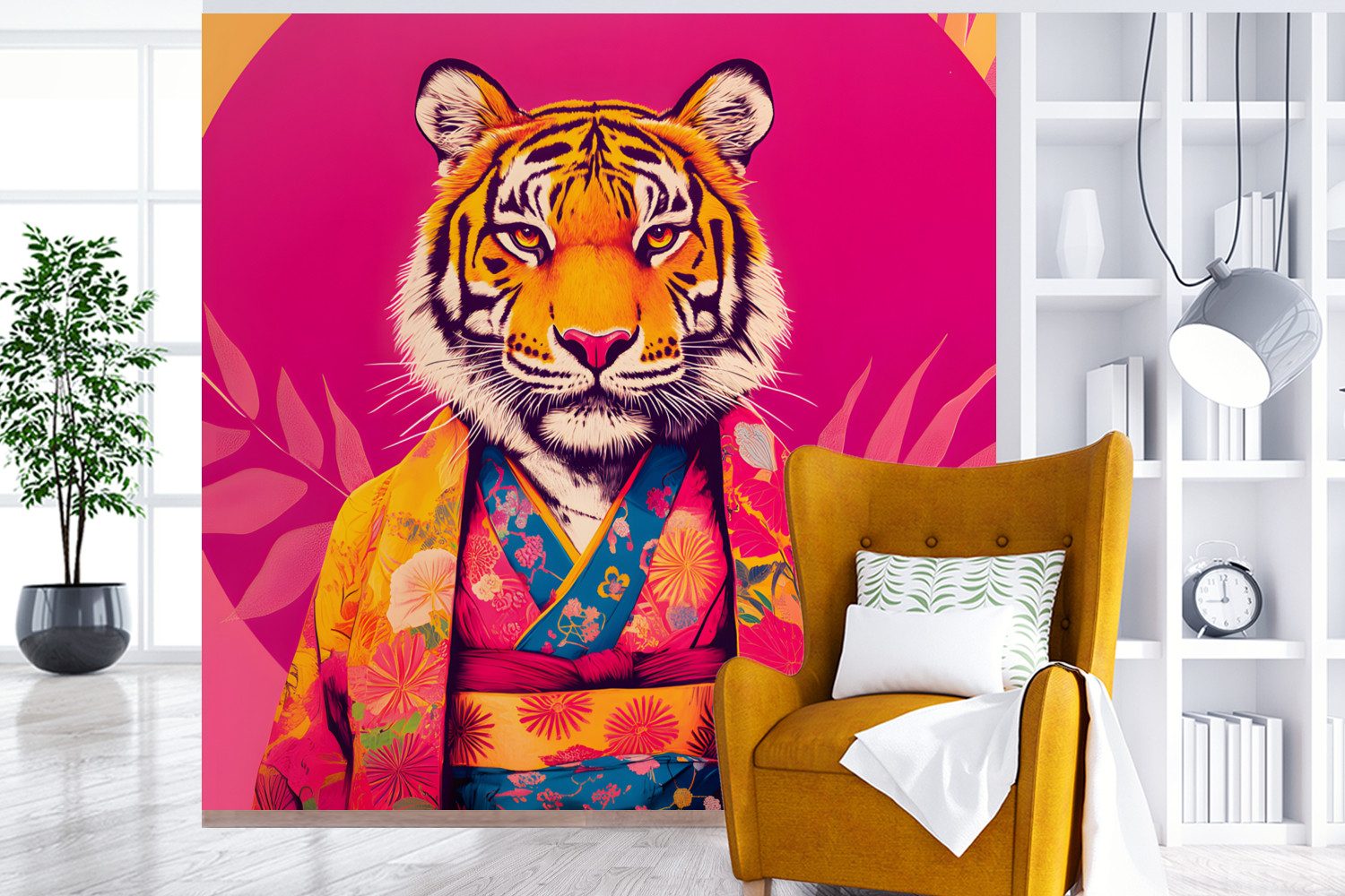 MuchoWow Fototapete Tiger - Kimono - Pflanzen - Rosa, Matt, bedruckt, Vliestapete für Wohnzimmer Schlafzimmer Küche, Fototapete, 220x220 cm