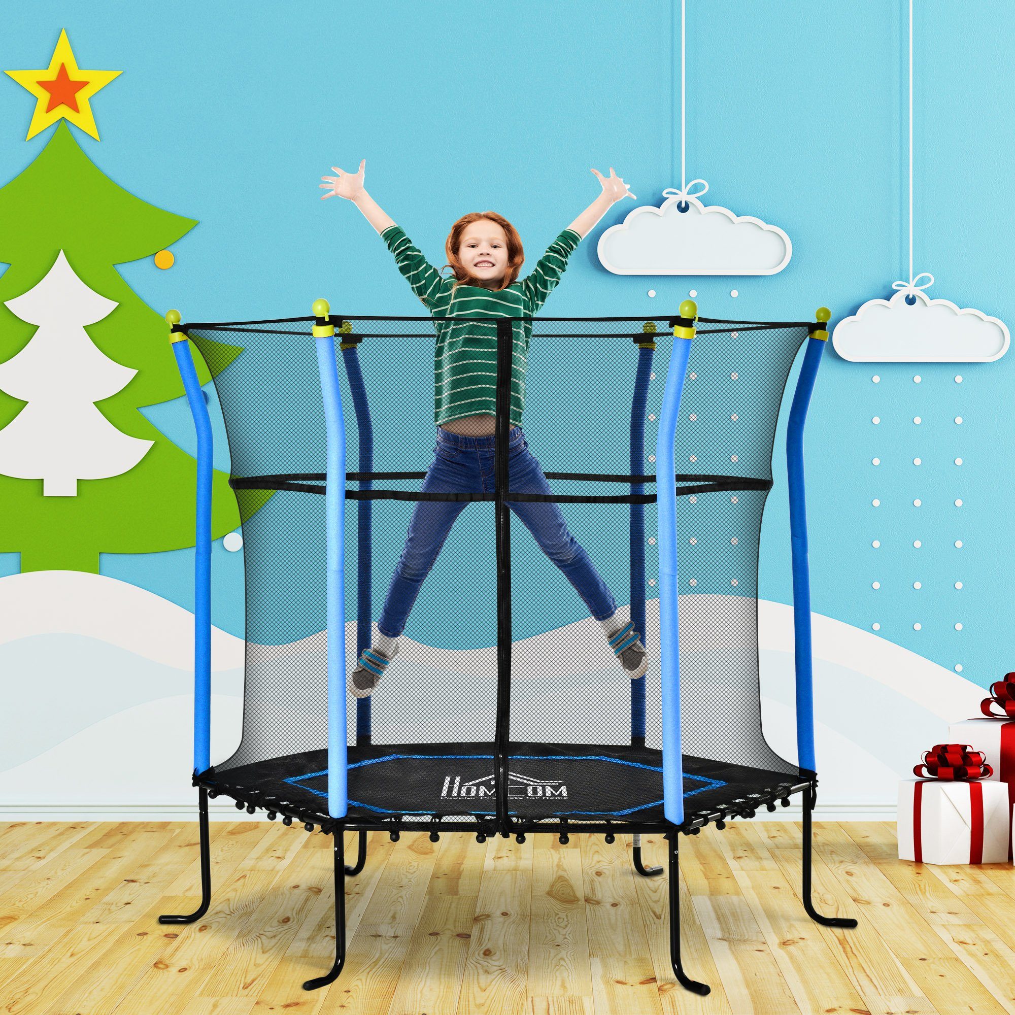 HOMCOM Kindertrampolin 5,3 FT Trampolin mit Sicherheitsnetz, Ø 163.5 cm, (Trampolin, 1 tlg., Kindertrampolin), für Garten, Balkon, Blau