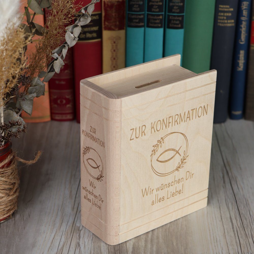 Spruchreif® Spardose mit Holz (Zur mit zur Bibel Gravur (1-tlg) Sparbüchse & Konfirmation), Schloss Kommunion Fisch Motiv · · Buch-Optik aus in · Konfirmation Geschenk Spardose