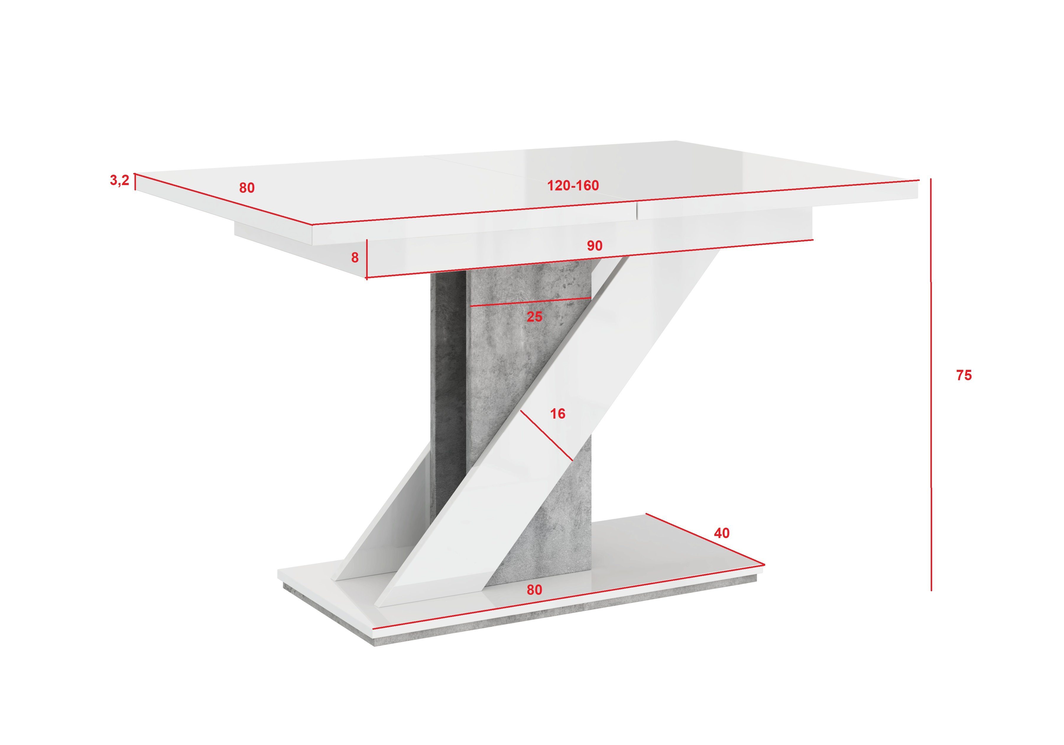 Esszimmer, Weiß Esszimmertisch + 120-160 Esstisch Tisch Chloe, cm, Beton Ausziehbar Compleo Hochglanz