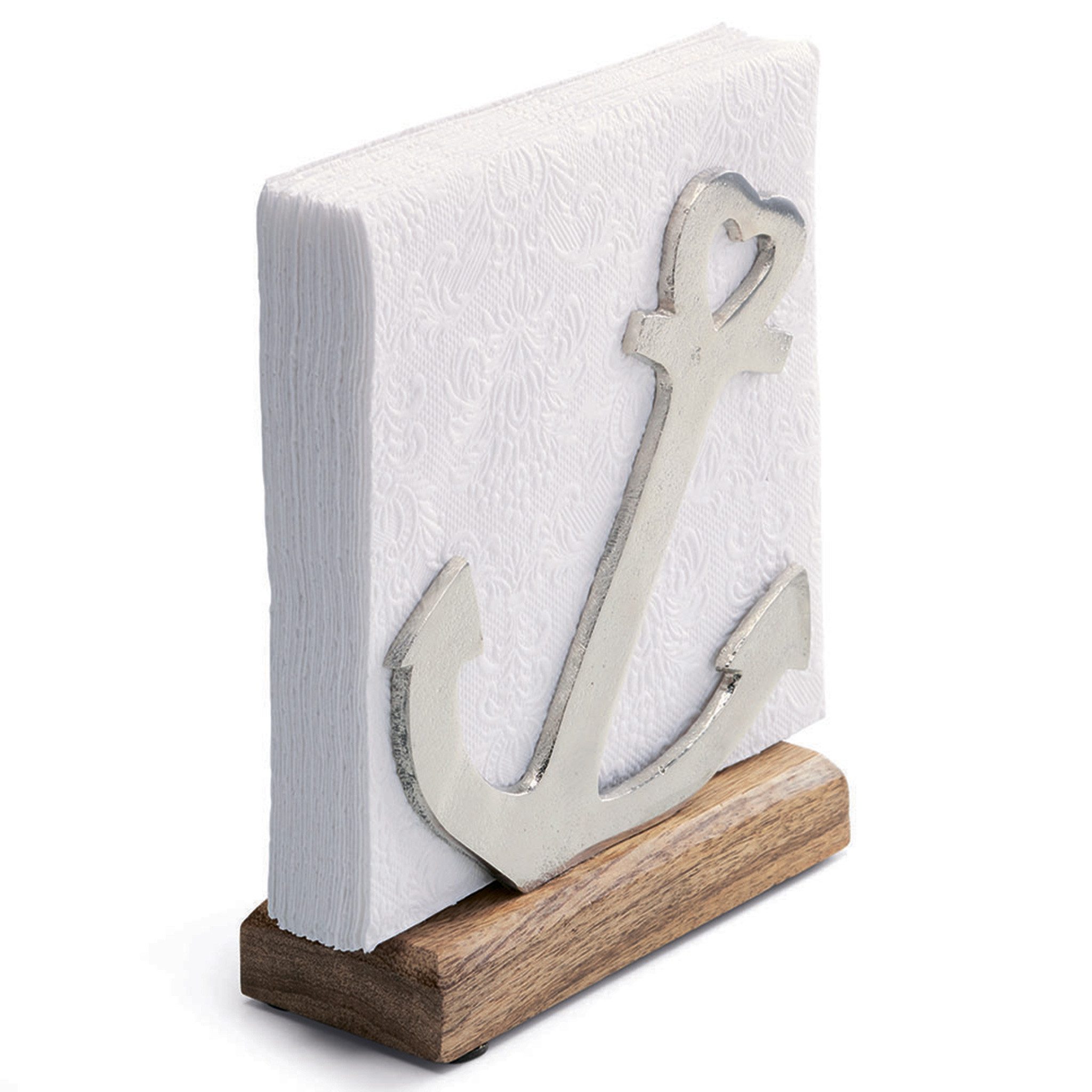 Ambiente Luxury Paper Products Serviettenhalter, Holz, Serviettenhalter 17cm aus Holz & Metall mit Anker Motiv Silber