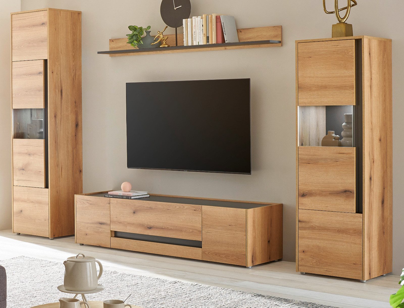 Furn.Design Wohnwand Center, (in Evoke Eiche mit grau, 4-teilig, ca. 310 x 197 cm), mit großem TV Lowboard