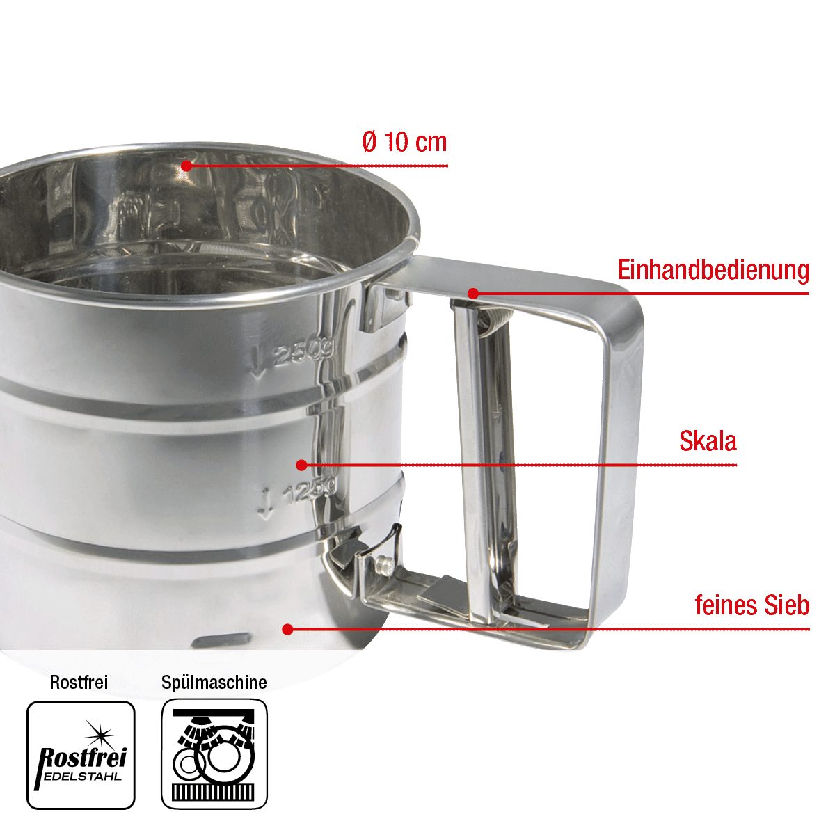 EUROHOME Küchensieb Einhand Mehlsieb aus rostfreiem Edelstahl - Backsieb, Edelstahl, (1-St., Küchensieb Durchmesser 10 cm & Höhe 9 cm), Sieb mit Skala - Backsieb spülmaschinenfest