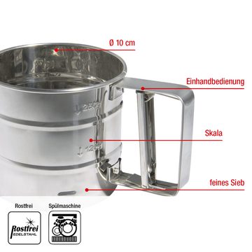 EUROHOME Küchensieb Einhand Mehlsieb aus rostfreiem Edelstahl - Backsieb, Edelstahl, (1-St., Küchensieb Durchmesser 10 cm & Höhe 9 cm), Sieb mit Skala - Backsieb spülmaschinenfest