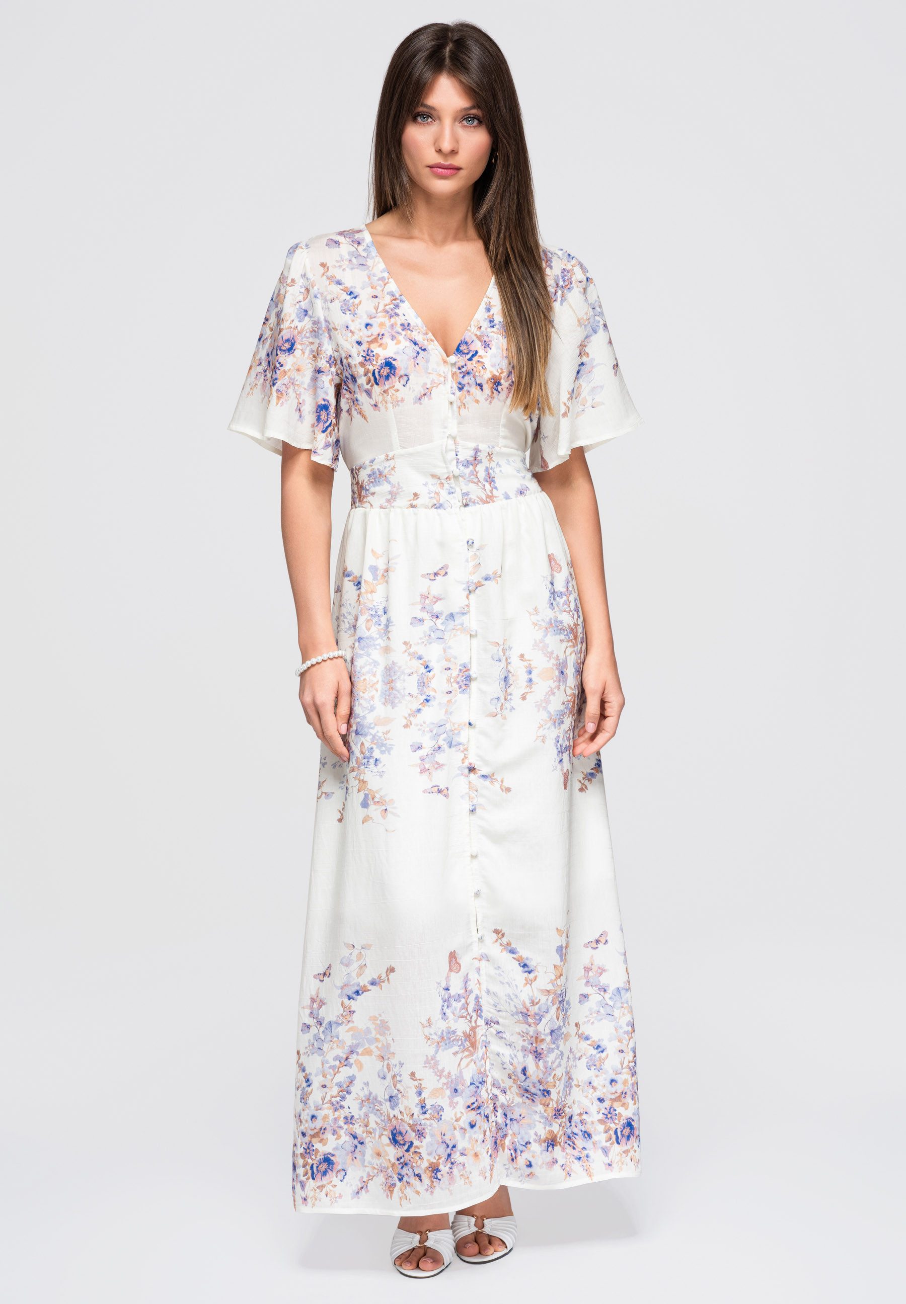 OMBRE Abendkleid Damen Abendkleid mit floralem Muster elegant Blau S/M (kein Set, 1-tlg)