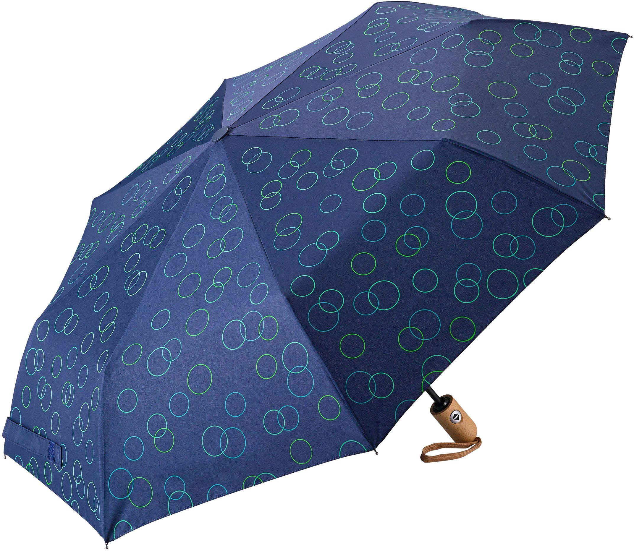 EuroSCHIRM® Taschenregenschirm Taschenschirm 32P7, Kreise grün, marineblau, Kreise grün, kompakte Größe, Automatik, Buche Holzgriff