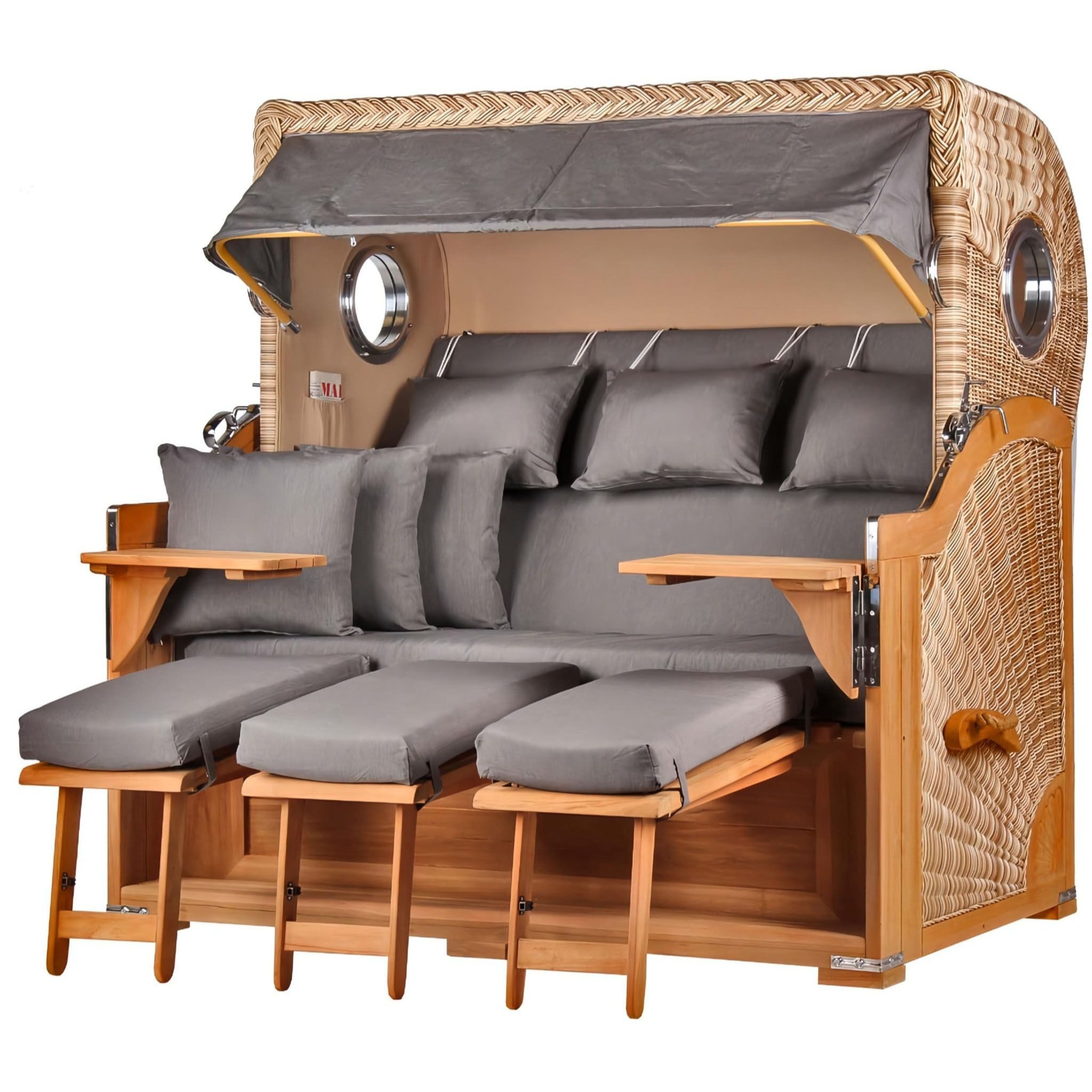 bene living Strandkorb Königssee 3-Sitzer Teak - PE shell - Modell 551, BxTxH: 170x95x170 cm, Volllieger, Königssee 3-Sitzer Teak, (Strandkorb-Komplettset, 5-tlg., Strandkorb inkl. Liftersystem und umfangreichem Zubehör), mit Windschutzfolie, Bistrotischen und bequemer Polsterung
