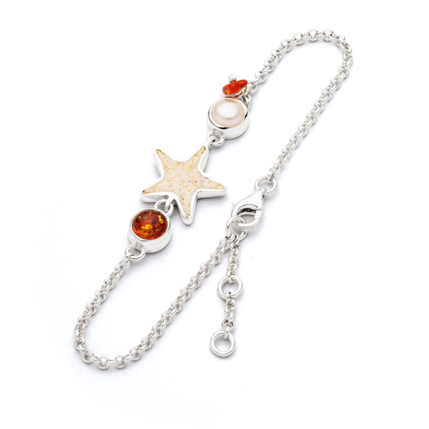 DUR Armband A1846 „Sandseestern“, 18,5 cm – Silber, Perle, Bernstein & Strandsand, maritimer Schmuck