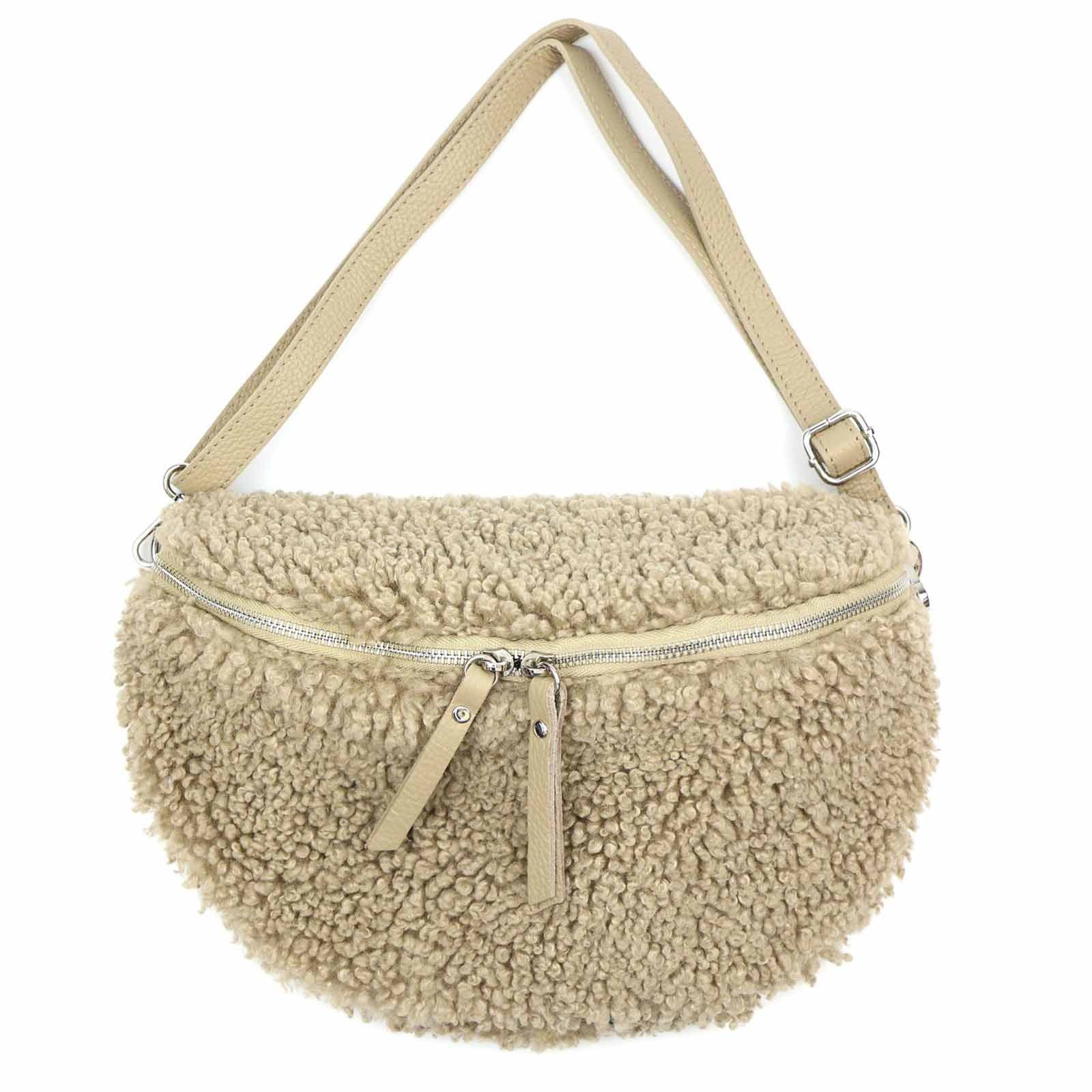 ITALYSHOP24 Bauchtasche Damen Teddyfell Plüsch Hüfttasche CrossBody Leder, als Schultertasche, Gürteltasche, Umhängetasche tragbar