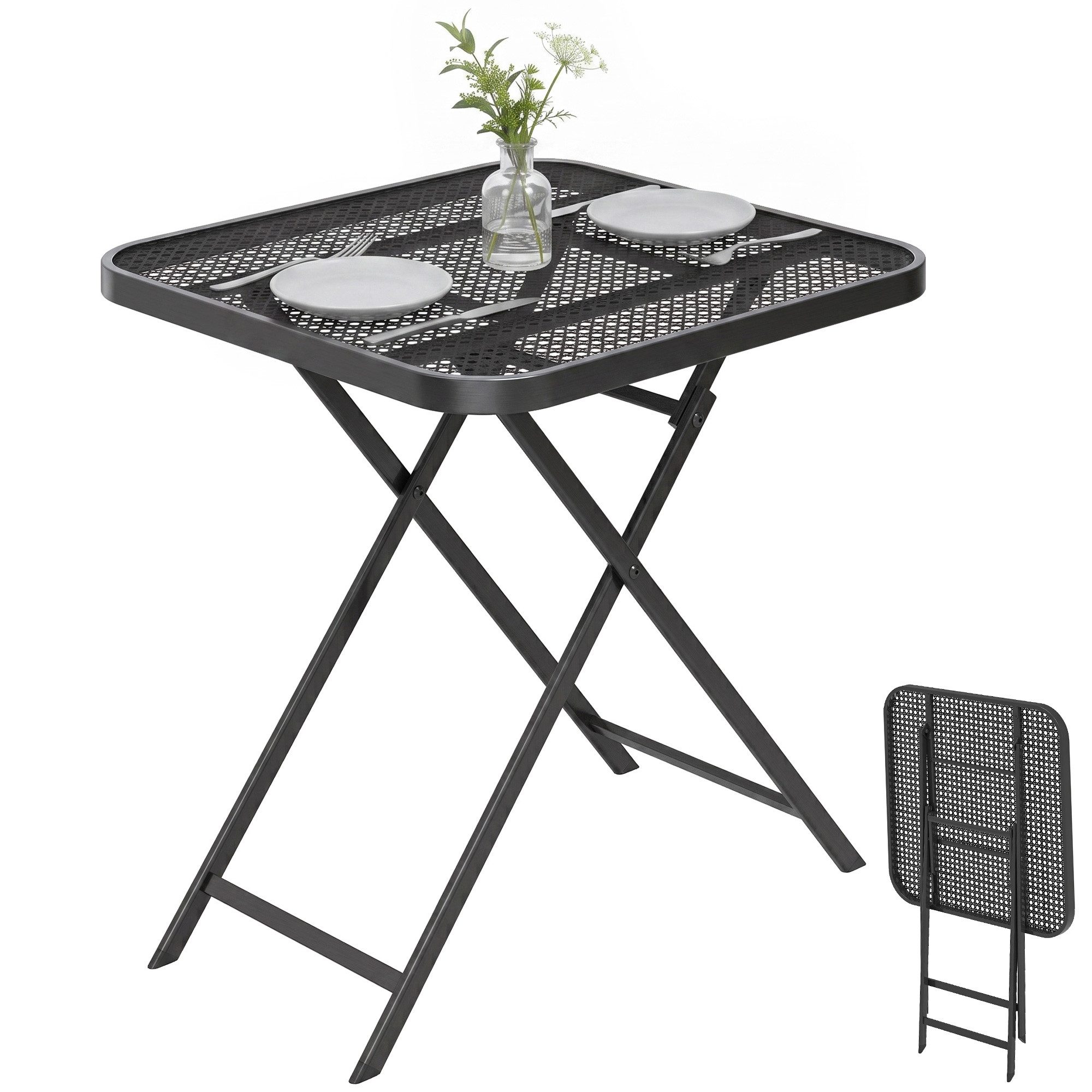 Outsunny Gartentisch Esstisch Outdoor quadrarisch Beistelltisch Terrassentisch (Stahl Klapptisch, 1-St., klappbar Balkontisch), 70 x70 cm, für Garten, Terrasse, Balkon, Schwarz