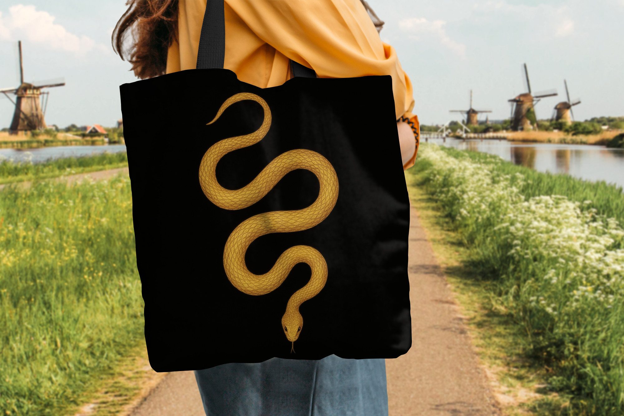 MuchoWow Shopper Schlange - Minimalistisch - Gold, Handtasche, Damen und Herren, Schultertasche, Umhängetasche, Tote Bag