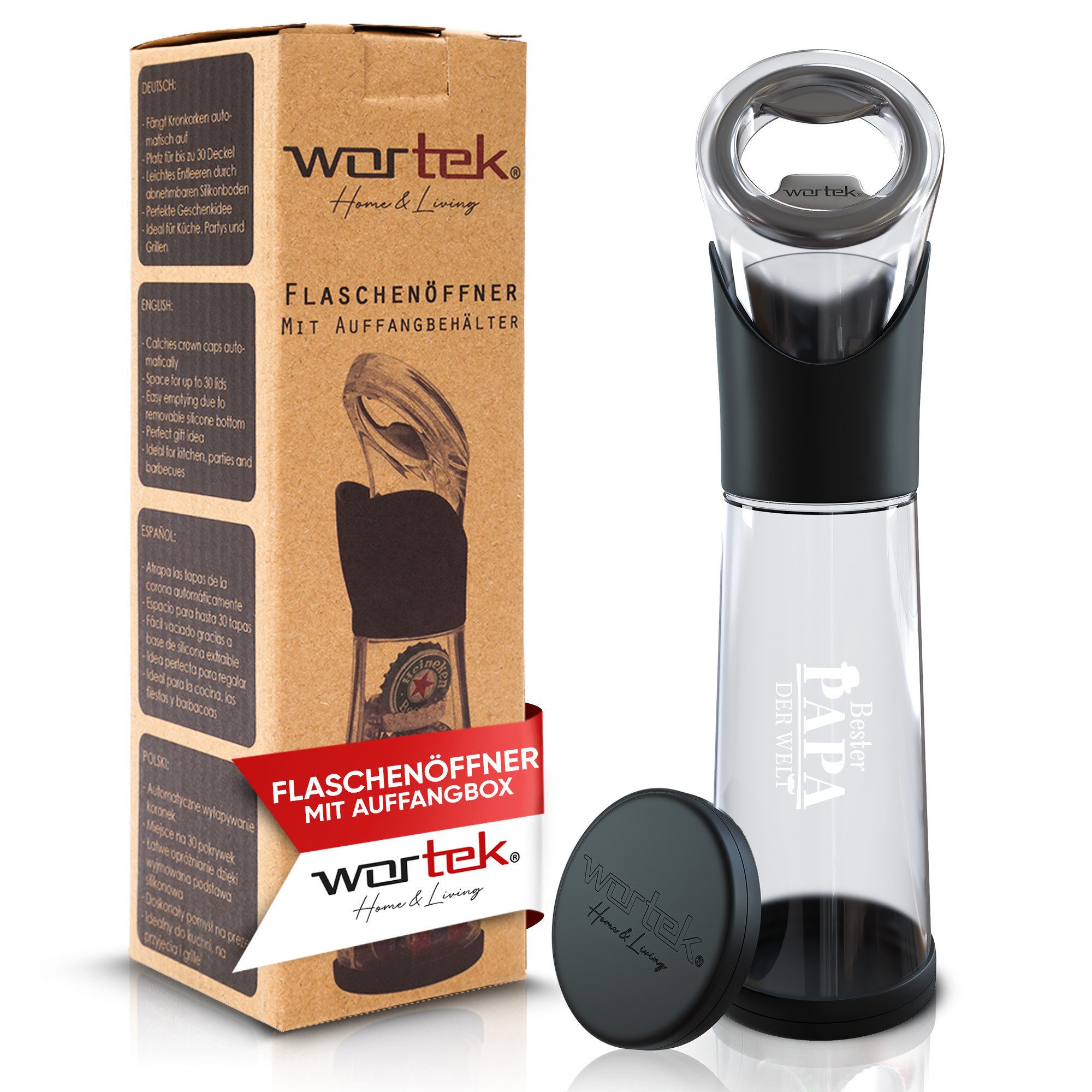 wortek Flaschenöffner Getränkeöffner mit Auffangbehälter Bieröffner (Set, 2-tlg), Geschenk für Männer und Bierliebhaber Biergeschenk