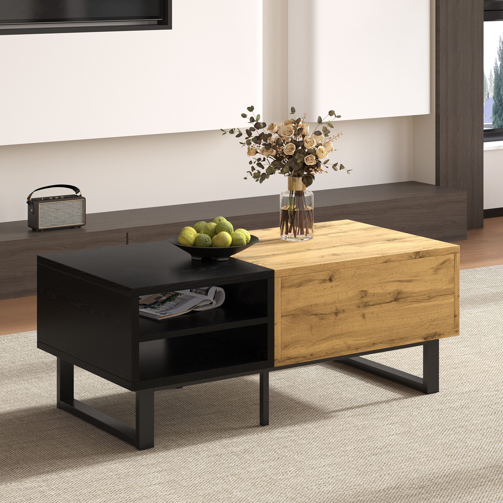 Merax Couchtisch mit Farbblockstruktur und Metallbeine (1-St), Wohnzimmertisch mit Fächern und Schubladen, 100x50x40cm – Bild 4 von 5