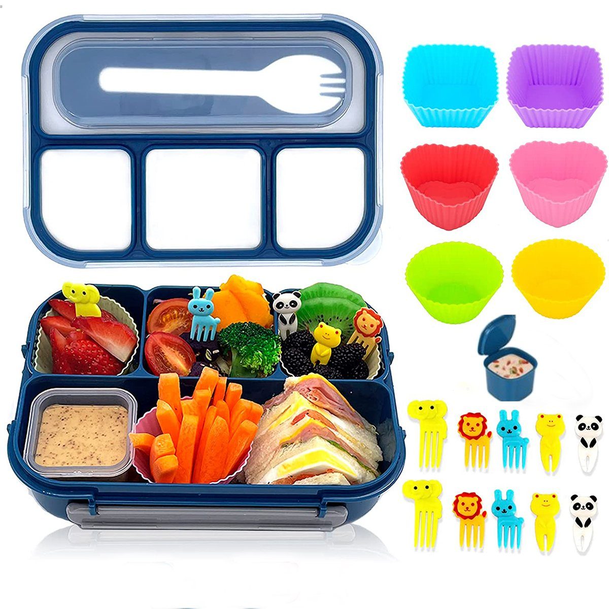 Box Lunchboxen Lunchbox (20-tlg), XDeer 4 Bento Stück Fächern Brotdose Blau spülmaschinenfest 1300ML , 20/27 Kinder mit Lunchbox