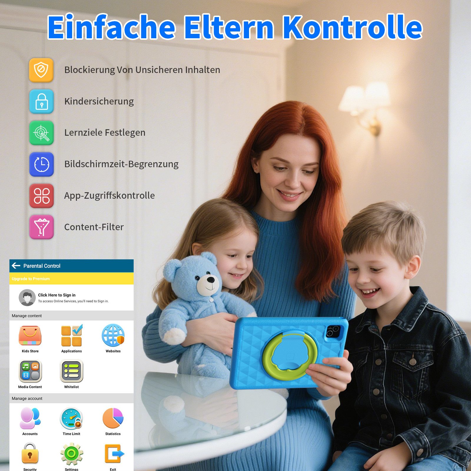 VASOUN TAB11 Kinder-Tablet 10 Zoll, 128 GB, leichtes EVA-Schutzgehäuse Tablet (1TB Erweiterung,vorinstallierte Kindersoftware,Tablet mit Silikonhülle)