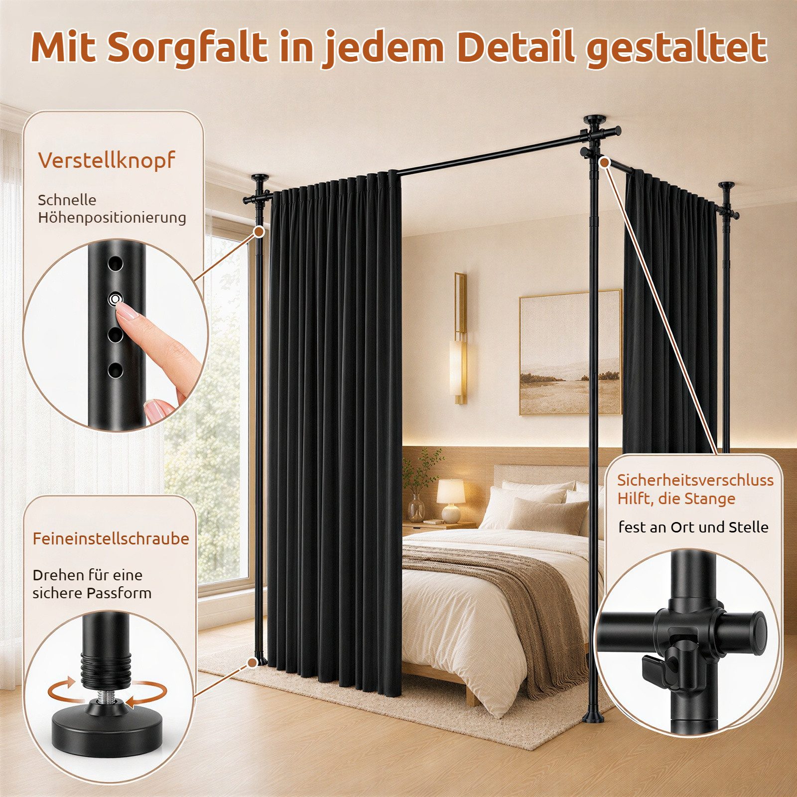 BlingBin Raumteiler Bohrfreier Raumteiler Spannstange, verstellbares Raumtrenn‑Spannsystem, 3‑vertikal 2‑horizontal, mit Vorhang,Höhe 110‑300 cm,Breite 183‑508  – Bild 3 von 5