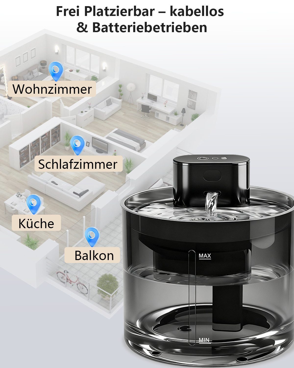 skelo Trinkbrunnen 3.5L Katzenbrunnen Kabellos mit Bewegungsmelder, 5000mAh 3.5 l, Leiser Katzen Trinkbrunnen mit Edelstahl Tablett und Wasserpumpe