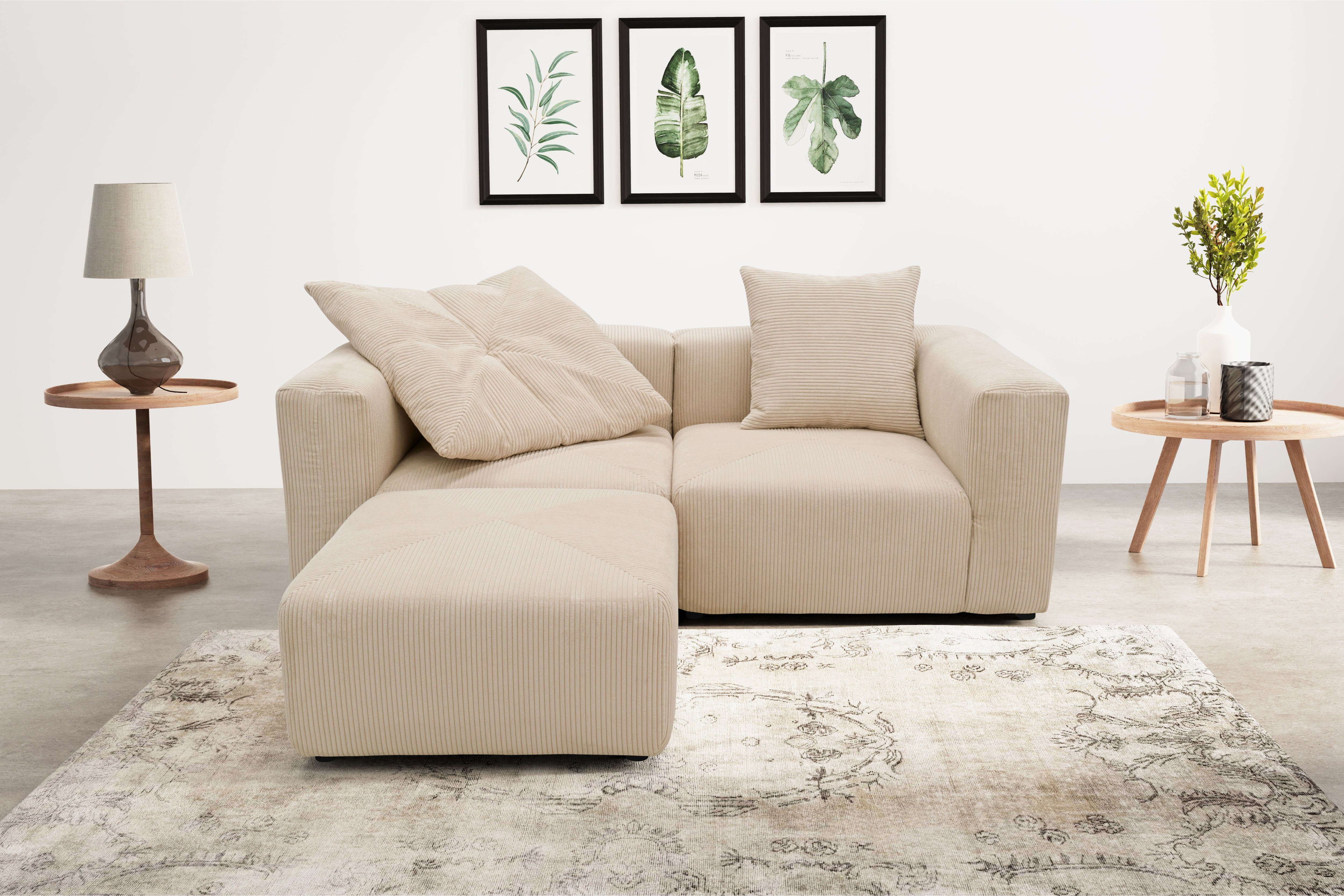 RAUM.ID Ecksofa Gerrid, Cord, Modulsofa, bestehend aus 2 Eck- + 1 Mittelelement und Hocker creme