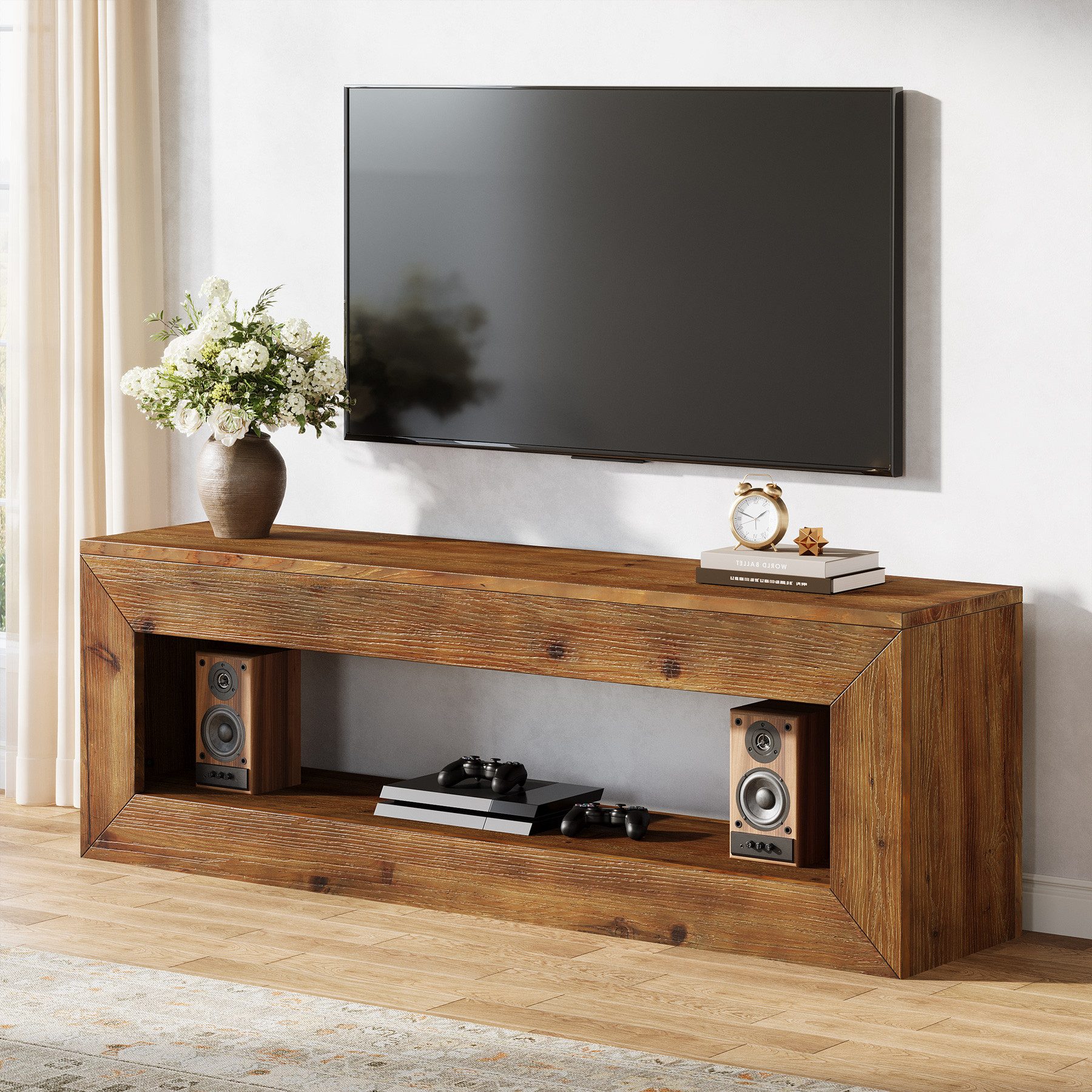 Tribesigns TV-Schrank Massivholz TV-Schrank, Lowboard, TV Board für Fernseher bis zu 55 Zoll (120 x 30 x 45 cm) 120 cm Landhausstil Fernsehtisch, TV-Regal mit Stauraum für Wohnzimmer