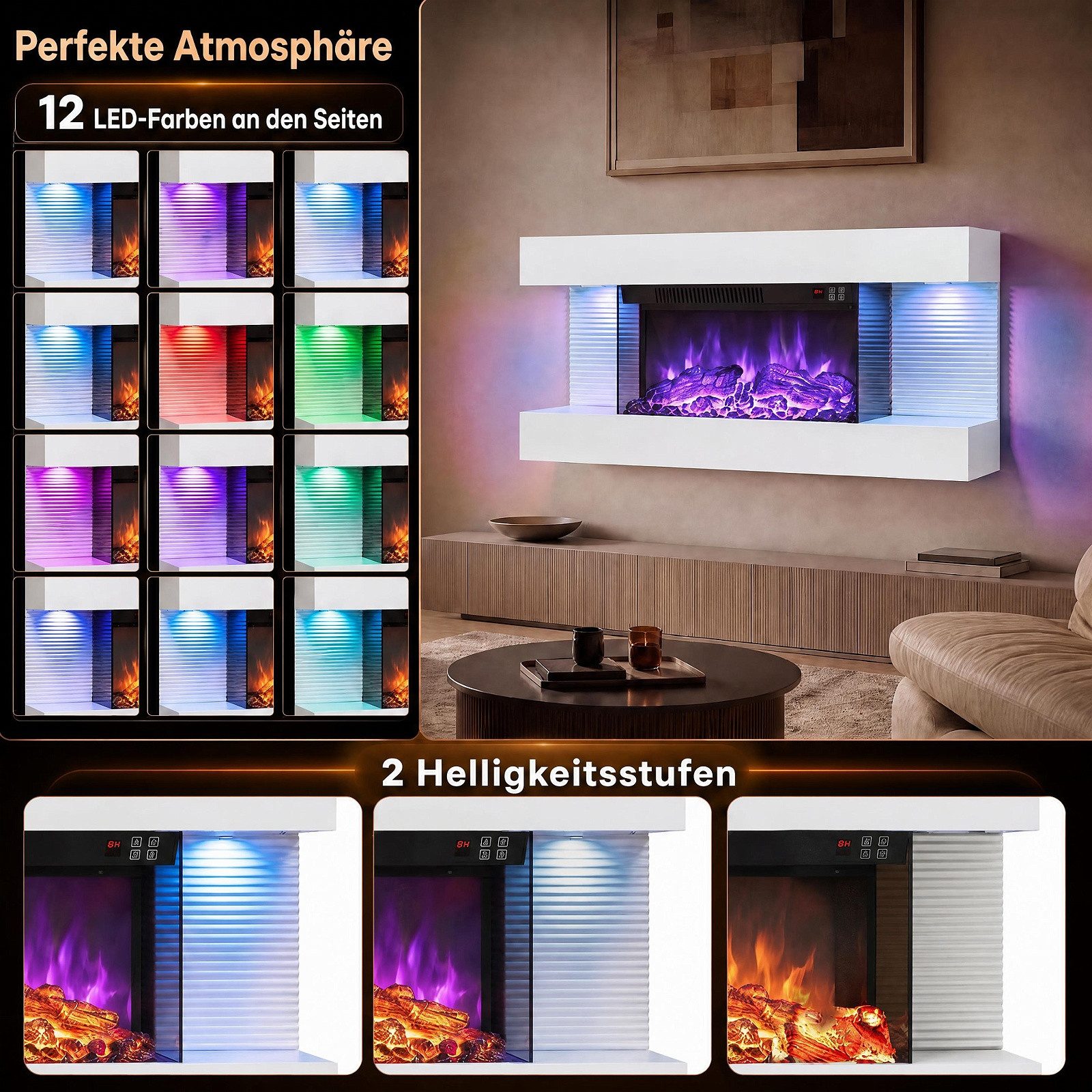 COSTWAY Elektrokamin Wandkamin mit LED-Seitenlichtern, 3D-Flammeneffekt – Bild 3 von 5