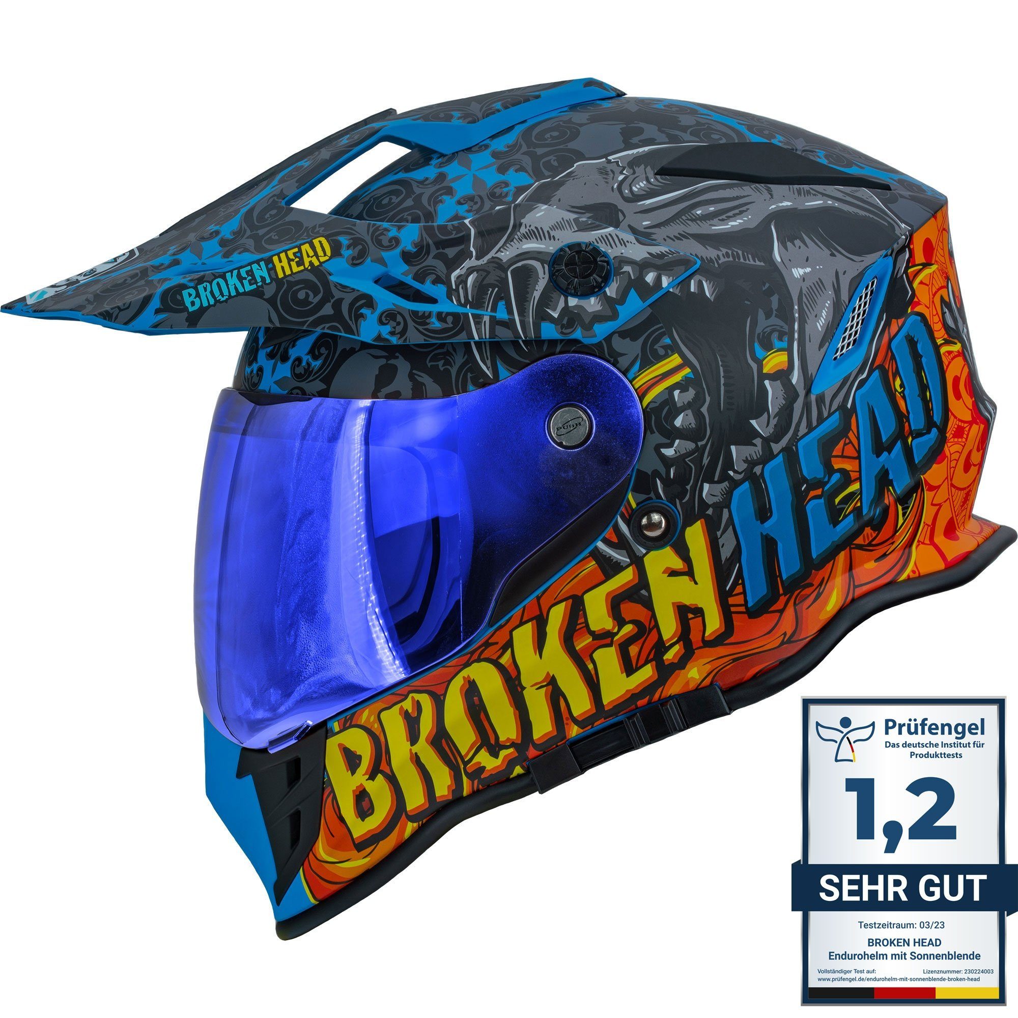 Broken Head Motorradhelm Broken Head Tigris VX2 Endurohelm + Blau Verspiegeltes Visier (MIRROR SET, inklusive blauem verspiegelten und klarem Visier), integrierte Sonnenblende