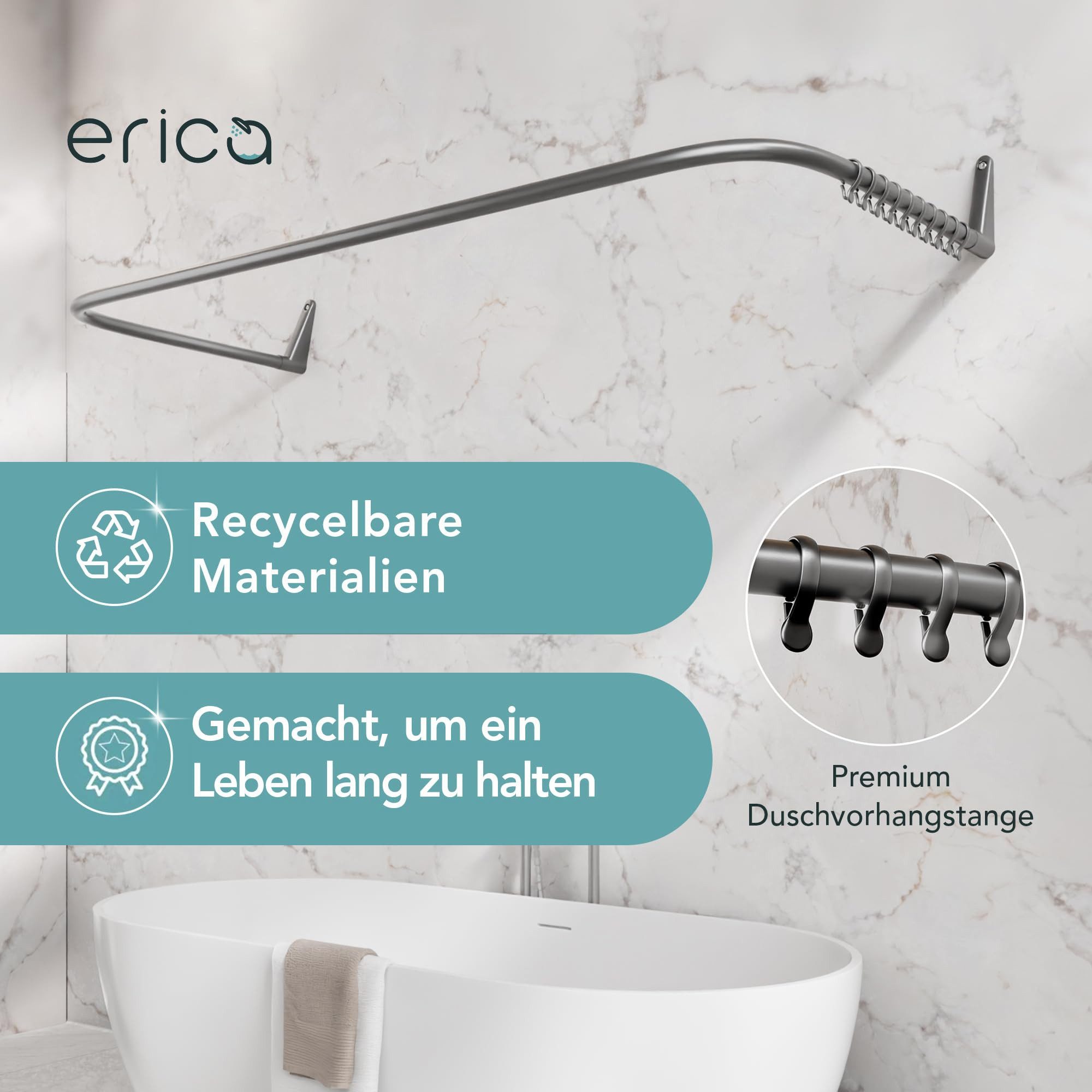 Erica Duschvorhangstange L-form & U-form - 4-in-1 für Badewanne oder Dusche Duschstange Ecke, Stahl mit Pulverbeschichtung - Ohne Deckenhalterung