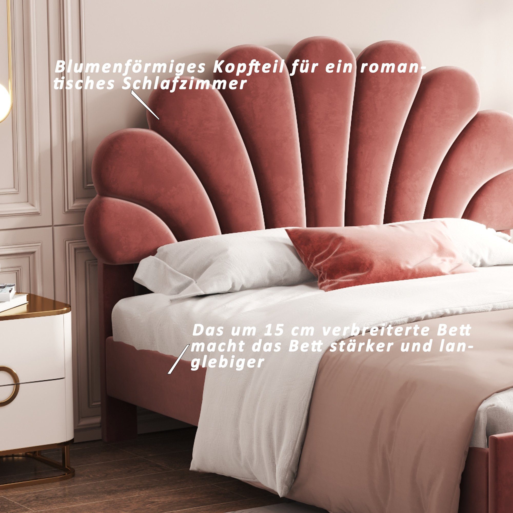 SOFTWEARY Polsterbett (Doppelbett mit Lattenrost, 140x200 cm), Kopfteil höhenverstellbar, Samt – Bild 5 von 5