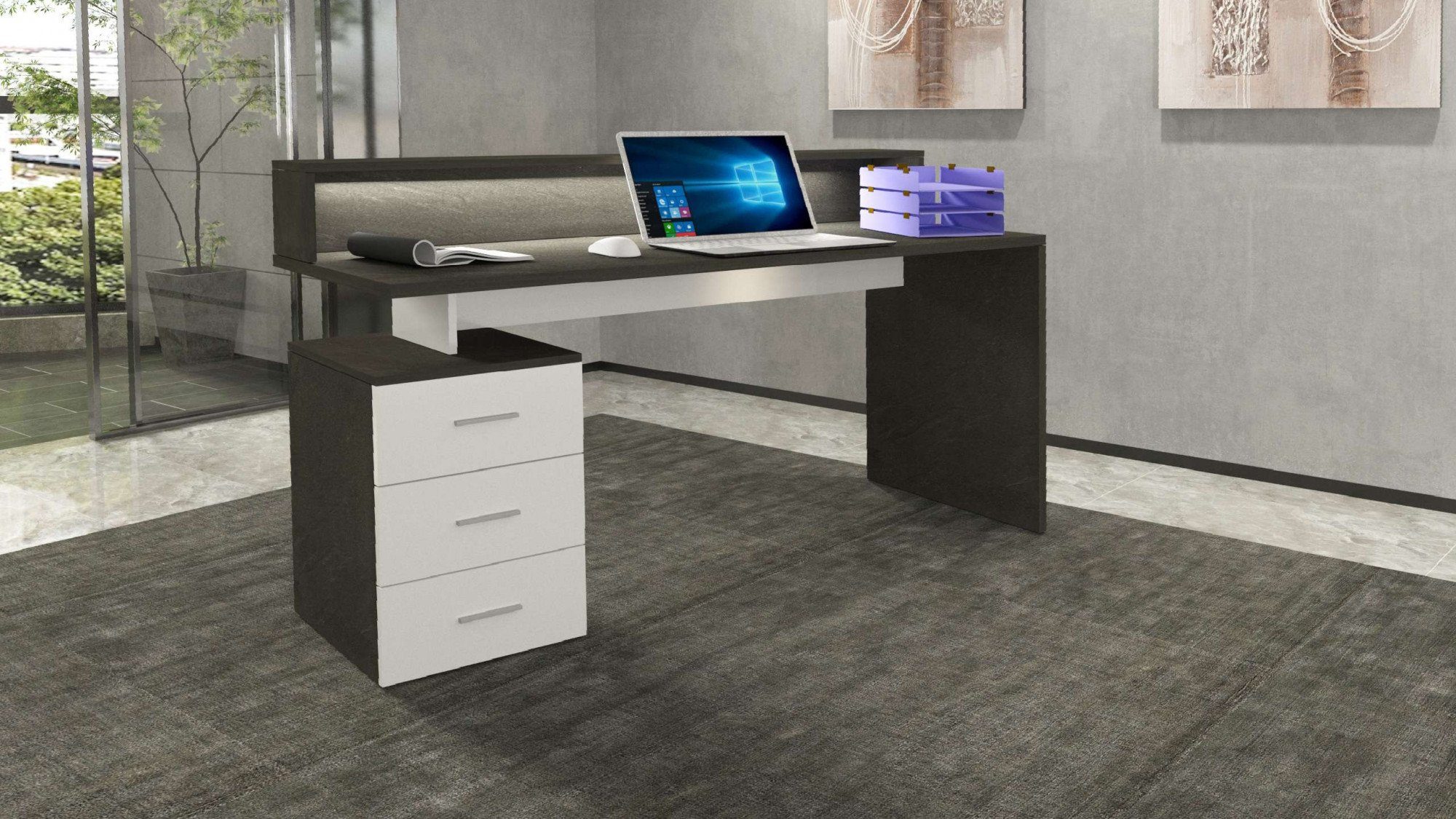 ital. NEW schiefer/weiß Breite Design, hochwertiges Tecnos cm Schreibtisch hochglanz 160 SELINA, Schreibtischaufsatz, mit