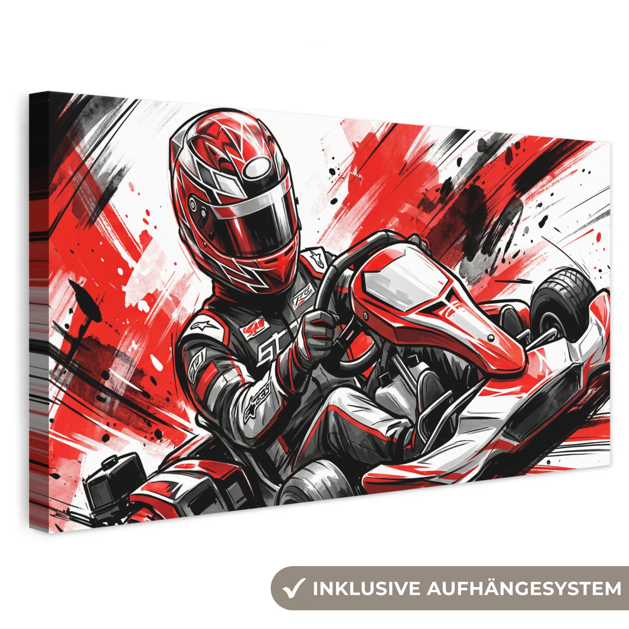 OneMillionCanvasses® Leinwandbild Panorama Kart - Fahrer - Geschwindigkeit - Rot, Fotodruck (1 St), Leinwand Bilder für Wohnzimmer Schlafzimmer 60x30 cm