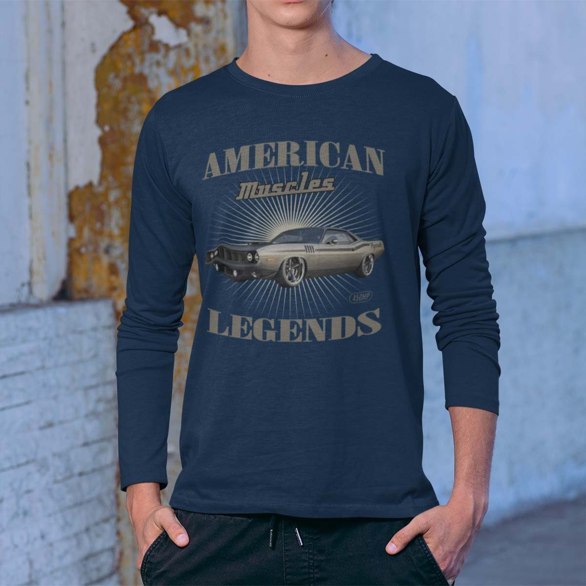 T-Shirt Motiv On Legend / Herren Auto Langarm Blau Longsleeve American Wheels Roadrunner US-Car Rebel mit