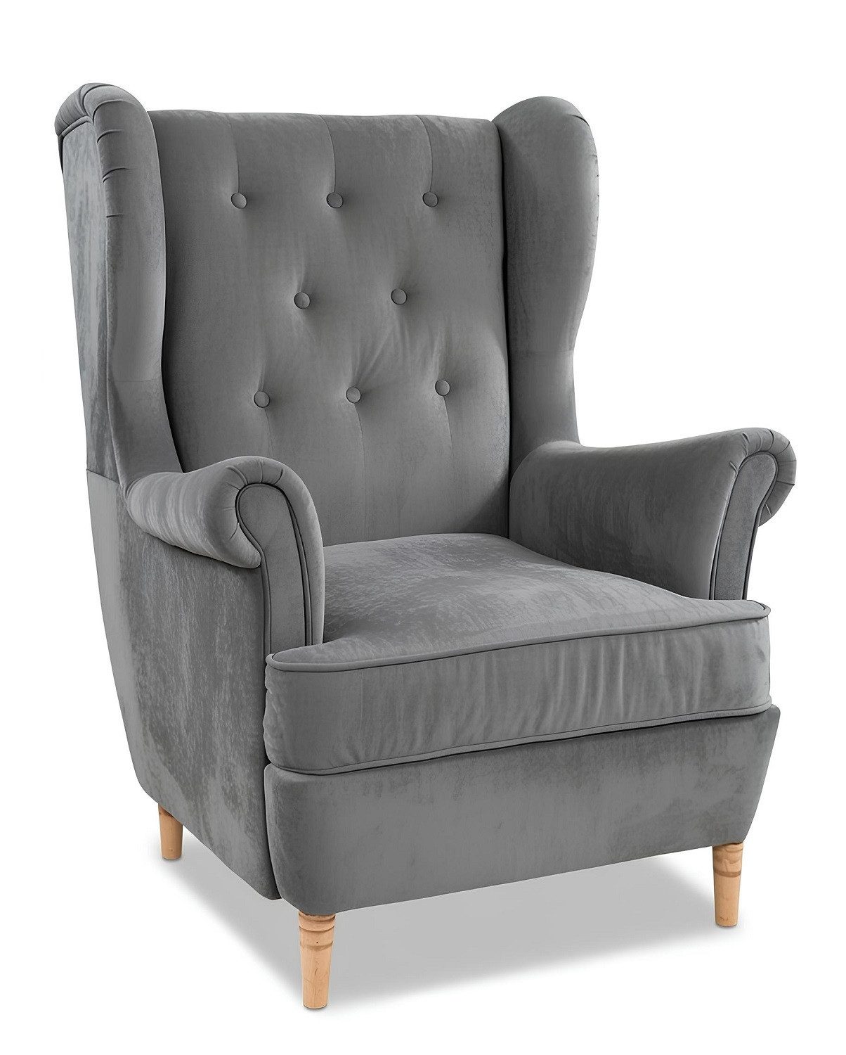 JVmoebel Ohrensessel Lounge Sessel Möbel Fernseh Sofa Polster Club Stuhl Holz Grau Sofort (Sessel), Made in Europa