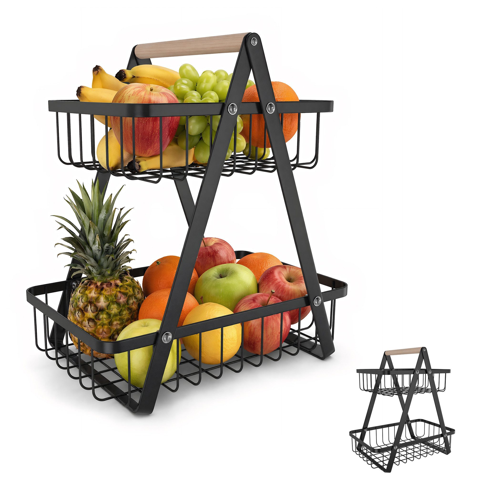 FIVMEN Obstschale Obst Etagere Obstkorb Metall Obst Schüssel Halter ​Brotkorb Ablagekorb, mit Holzgriff Tortenständer Gemüsegestell für Küche, 2 Etagen/3 Etagen