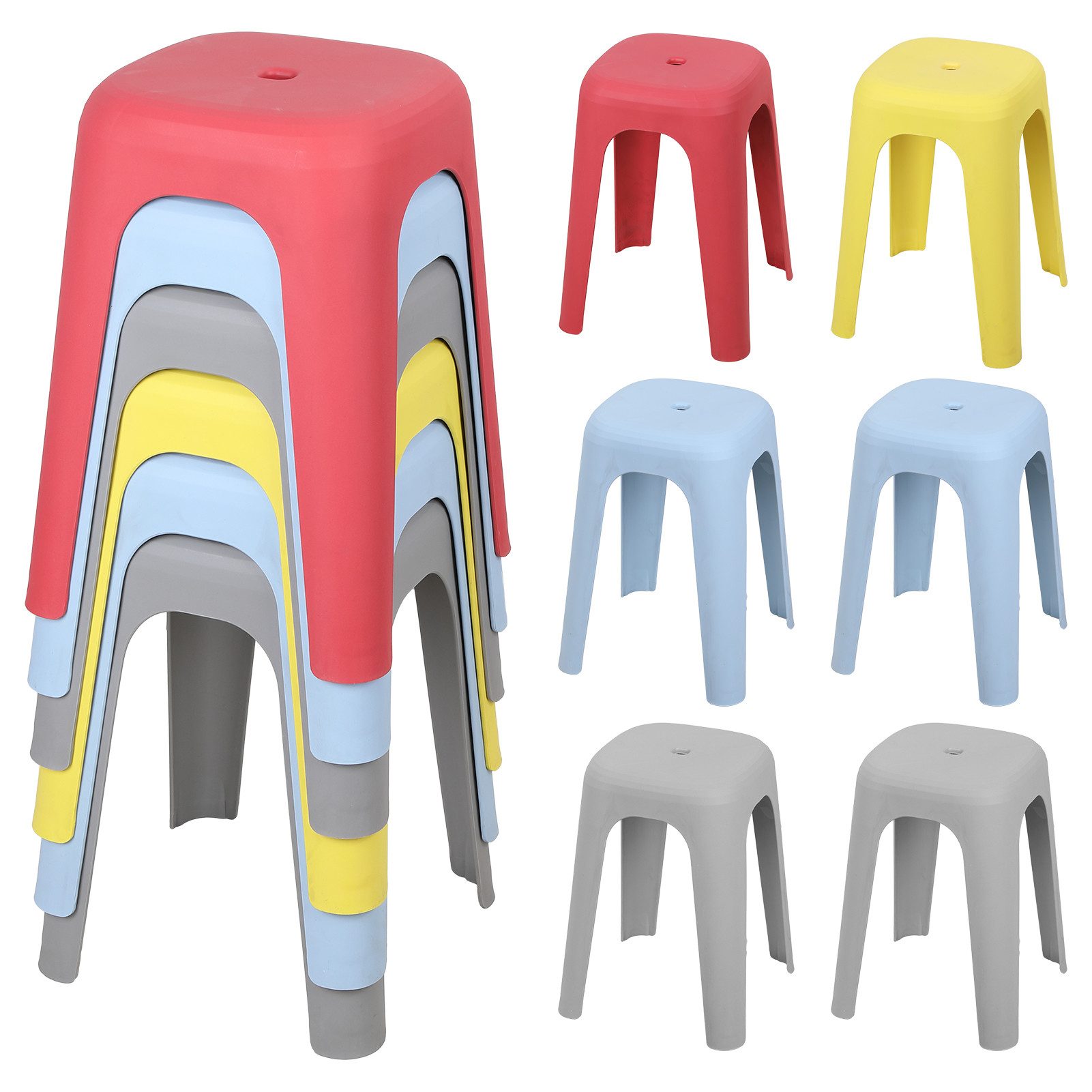 Rutaqian Sitzhocker Hocker Stapelbar, 6er Set Plastik Hocker, Belastbar bis 150kg, Ø 26cm x 44cm H, Leicht & Platzsparend, für Küche, Bad, Garten, Party