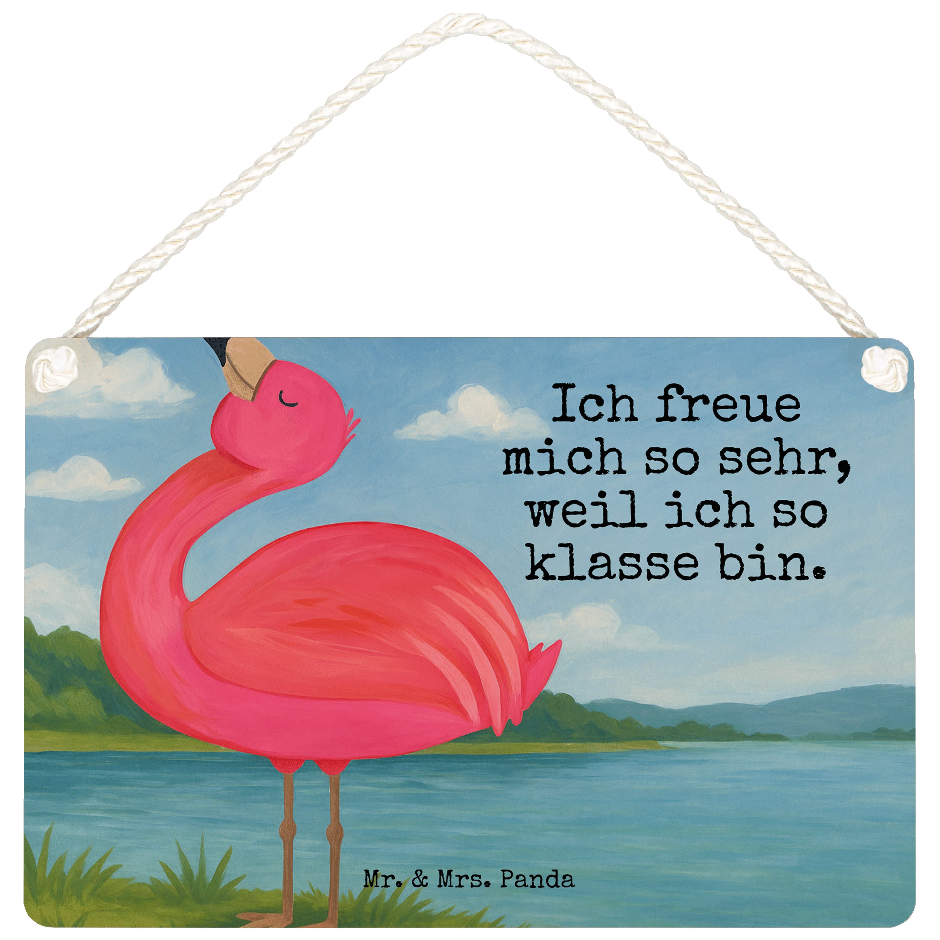 Mr. & Mrs. Panda Hinweisschild Flamingo Stolz Design, Schild DIN A6, Weiß, Holztafel, Rosa, Freundin, (Packung, 1 St)