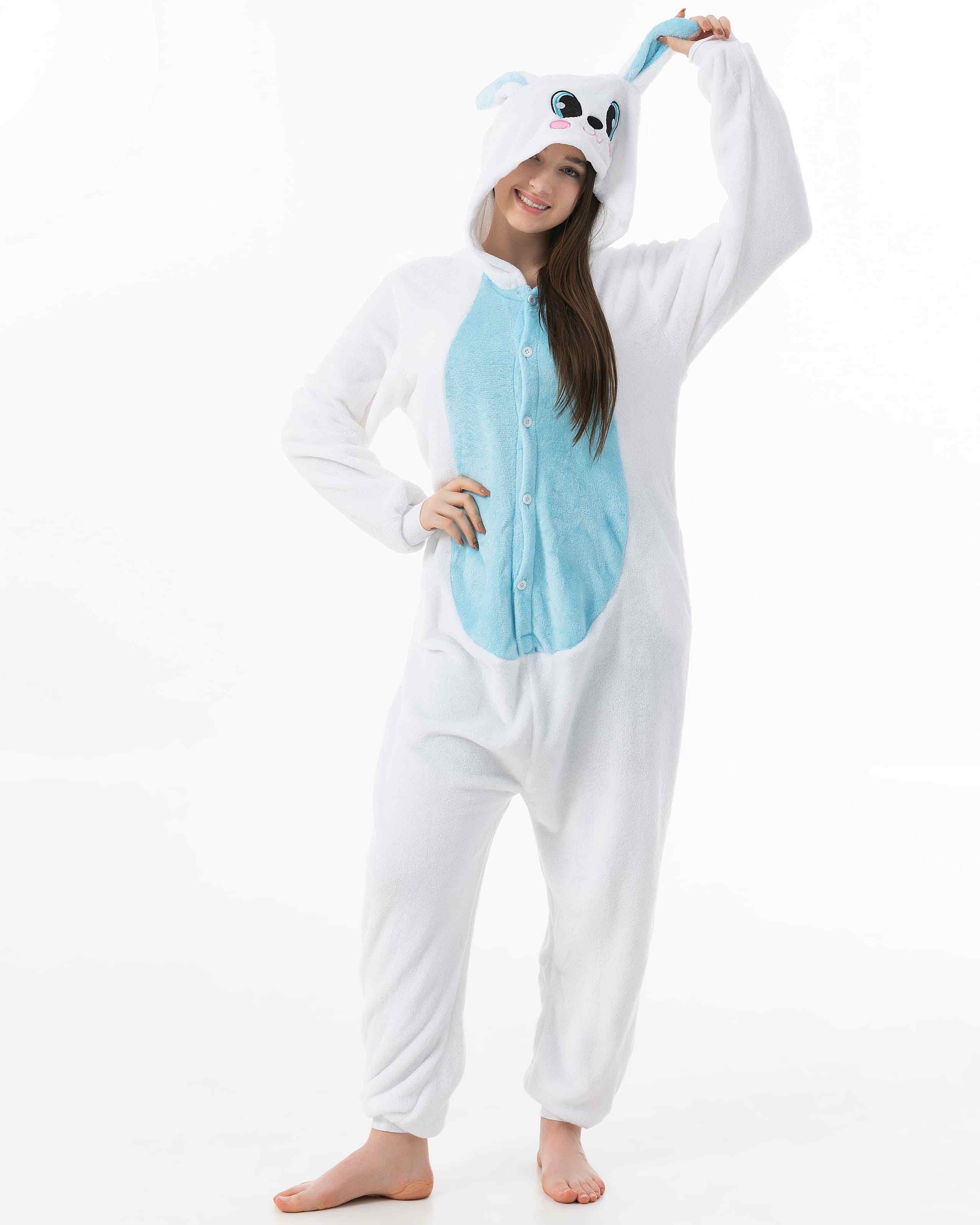 Katara Partyanzug Bauernhoftiere Jumpsuit Kostüm für Erwachsene S-XL, Karneval - Kostüm, Kigurumi - Hase blau-weiß XL (175-185cm)