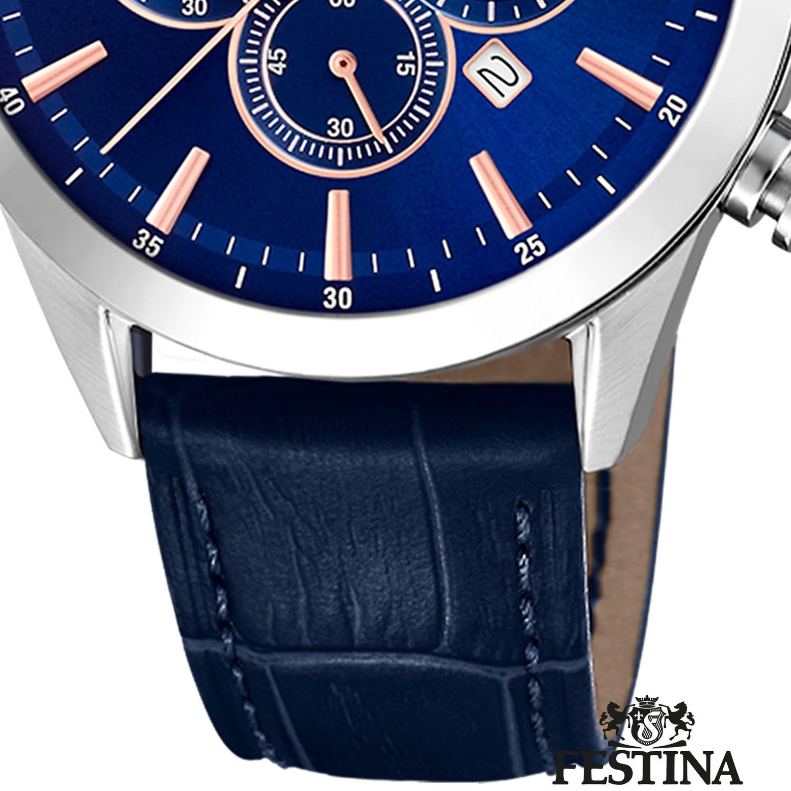 Festina Chronograph Festina Herren Uhr F20542/4 Lederarmband, (Chronograph), Herren Armbanduhr rund, Lederarmband dunkelblau, Fashion