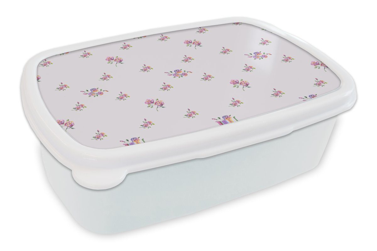 MuchoWow Lunchbox Muster - Rosen - Blumen, Kunststoff, (2-tlg), Brotbox für Kinder und Erwachsene, Brotdose, für Jungs und Mädchen weiß