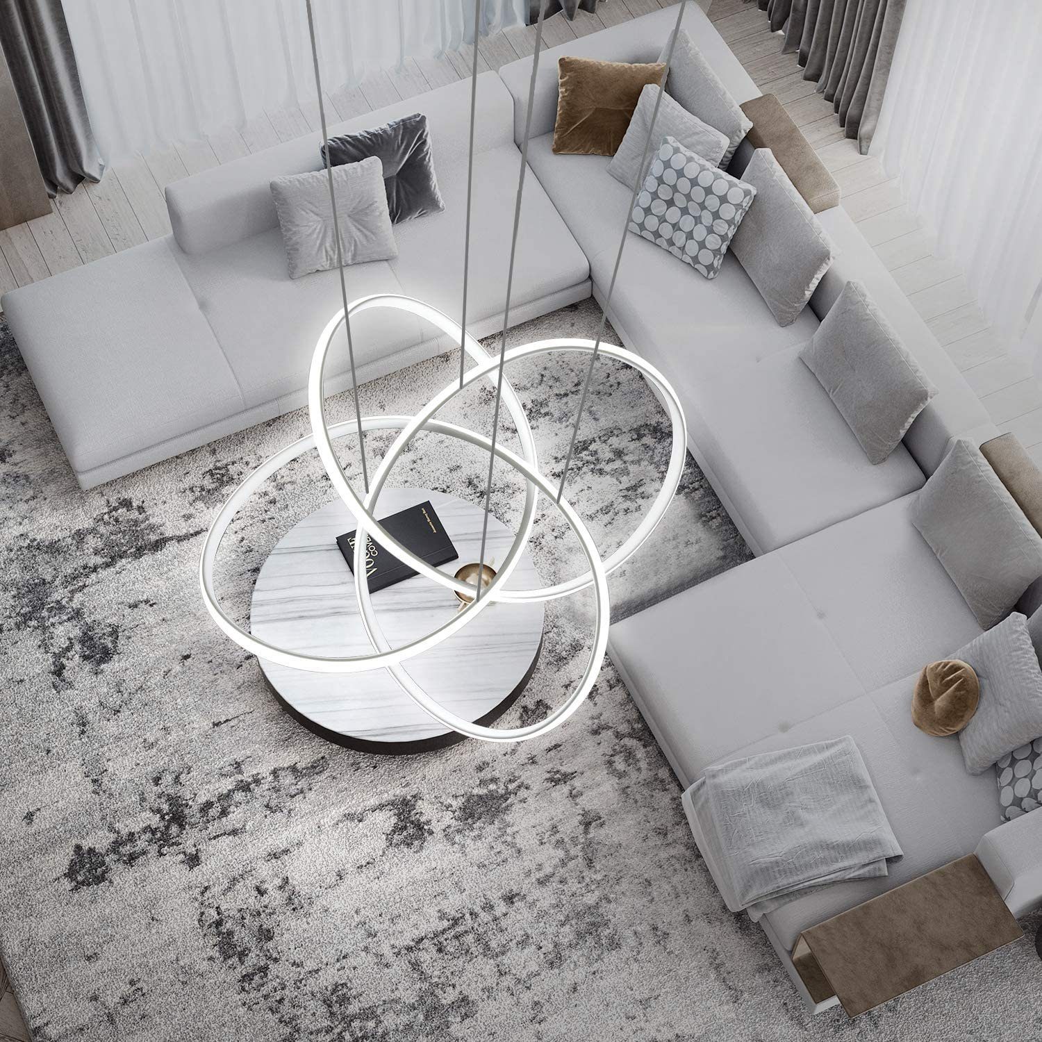 ZMH LED Pendelleuchte Höhenverstellbar 62W Ring Kronleuchter Fernbedienung Schlafzimmer, LED fest integriert, 3000-6500k, Ø62cm Ringe Kronleuchter Pendant Lamp  – Bild 2 von 5