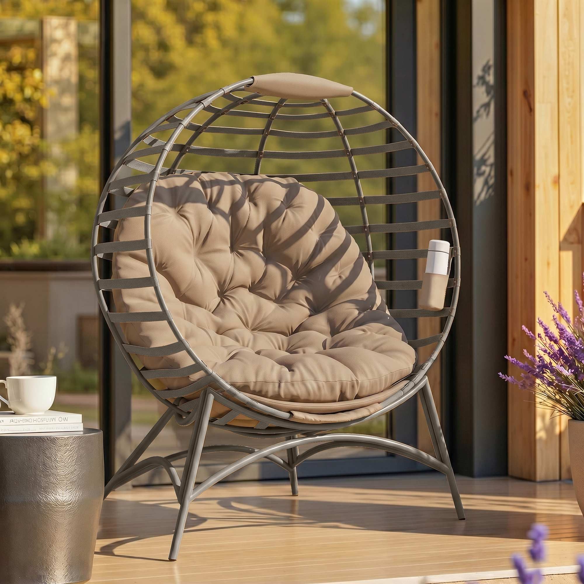 Outsunny Gartenstuhl 2Korb-Stuhl mit Kissen oval Loungesessel (Papasansessel, 1 St), für Garten, Balkon, Sand