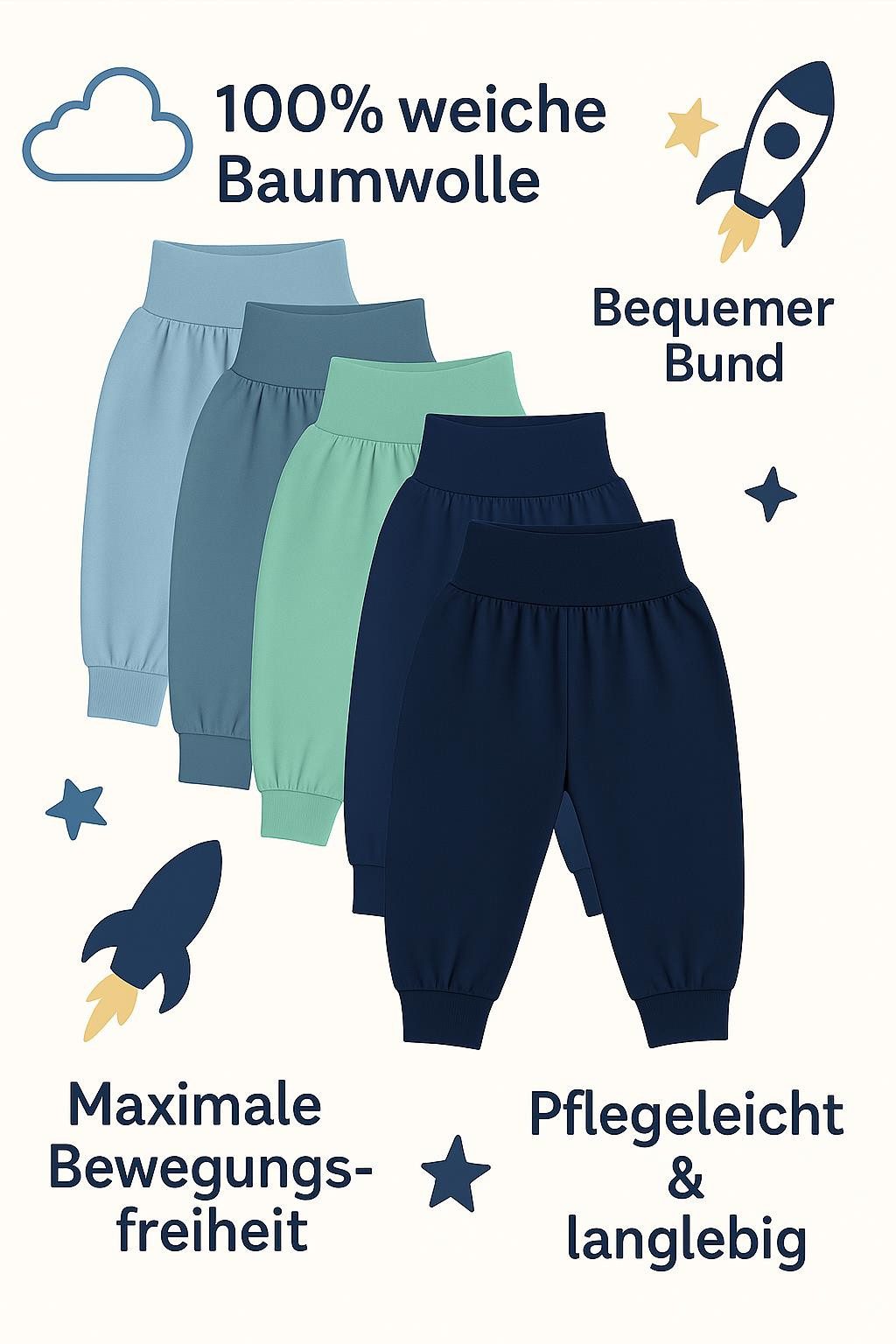 LOREZA Pumphose 5er Set Unisex Bequeme Babyhosen 100% Baumwolle Hose Pumphose (5-tlg) – Bild 3 von 4