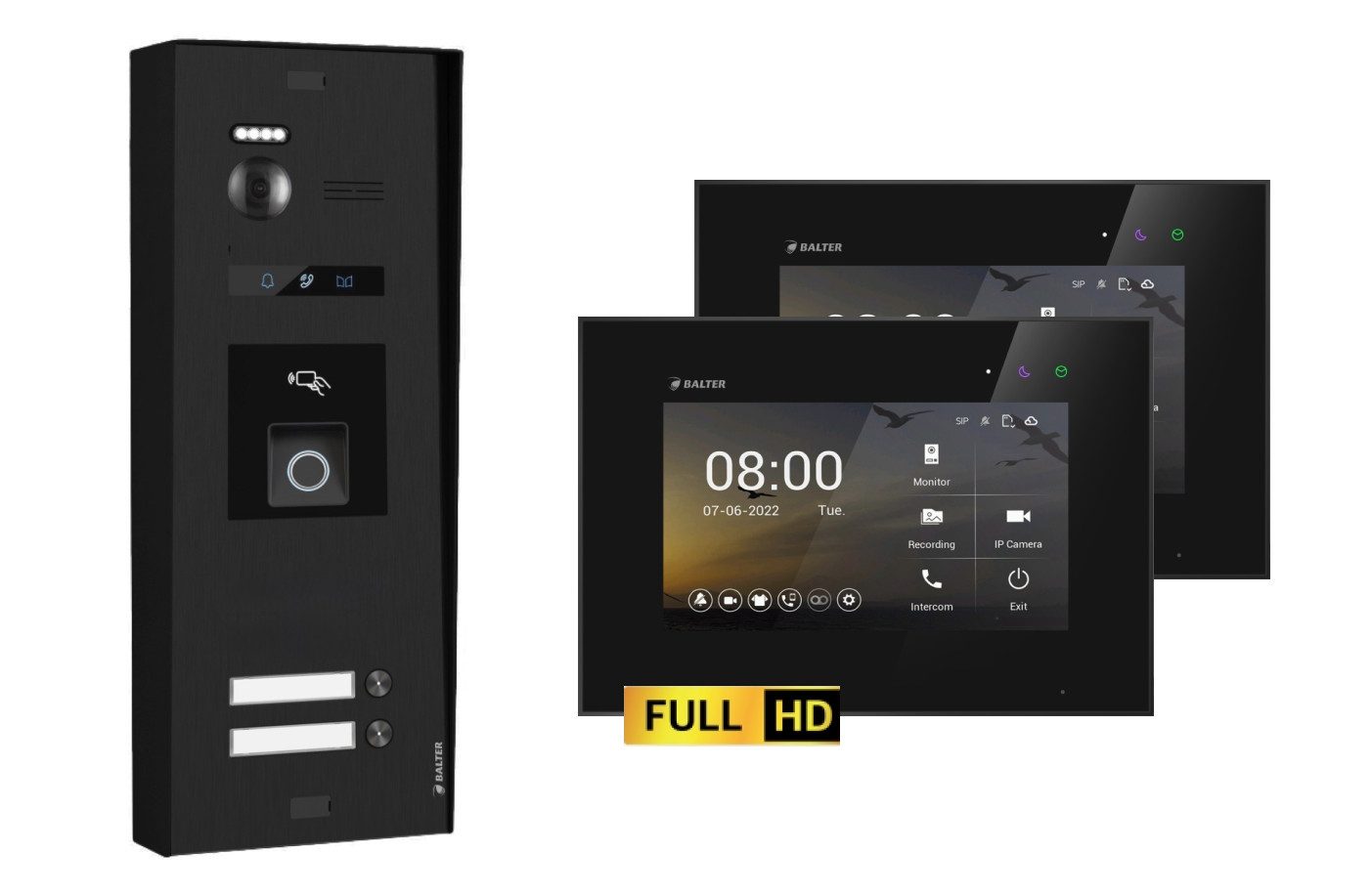 Balter Video-Türsprechanlage BALTER EVO-HD Aufputz Türsprechanlage 2-Familienhaus Schwarz (Set, 2-Familienhaus, Komplettset, Full HD 175° Kamera, Fingerprint, RFID)
