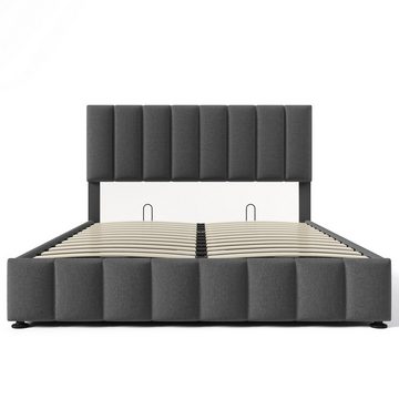 SOFTWEARY Polsterbett (Doppelbett mit Lattenrost und Bettkasten, 140x200 cm), gepolsterter Kopfteil höhenverstellbar, Bezug aus Leinen