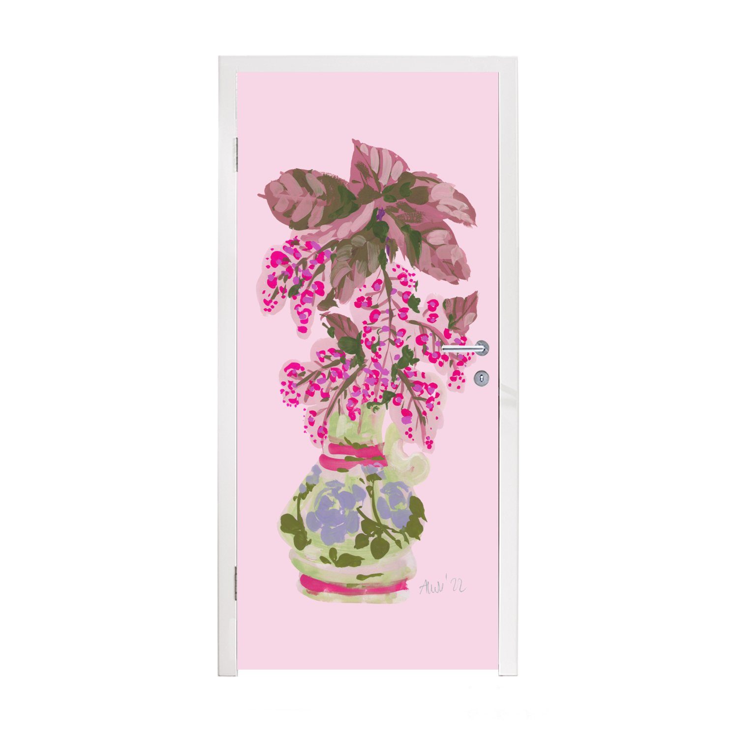 MuchoWow Türtapete Blumen - Vase - Rosa - Pflanzen, Matt, bedruckt, (1 St), Fototapete für Tür, Türaufkleber, 75x205 cm
